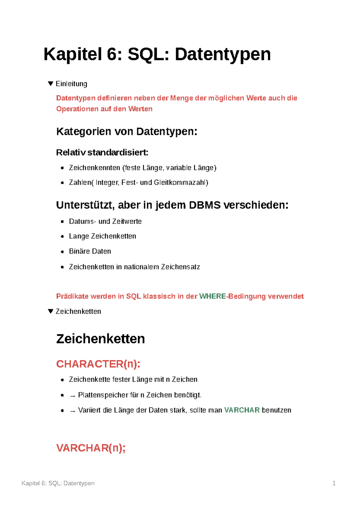 Kapitel 6 SQL Datentypen - Kapitel 6: SQL: Datentypen 1 Kapitel 6: SQL ...