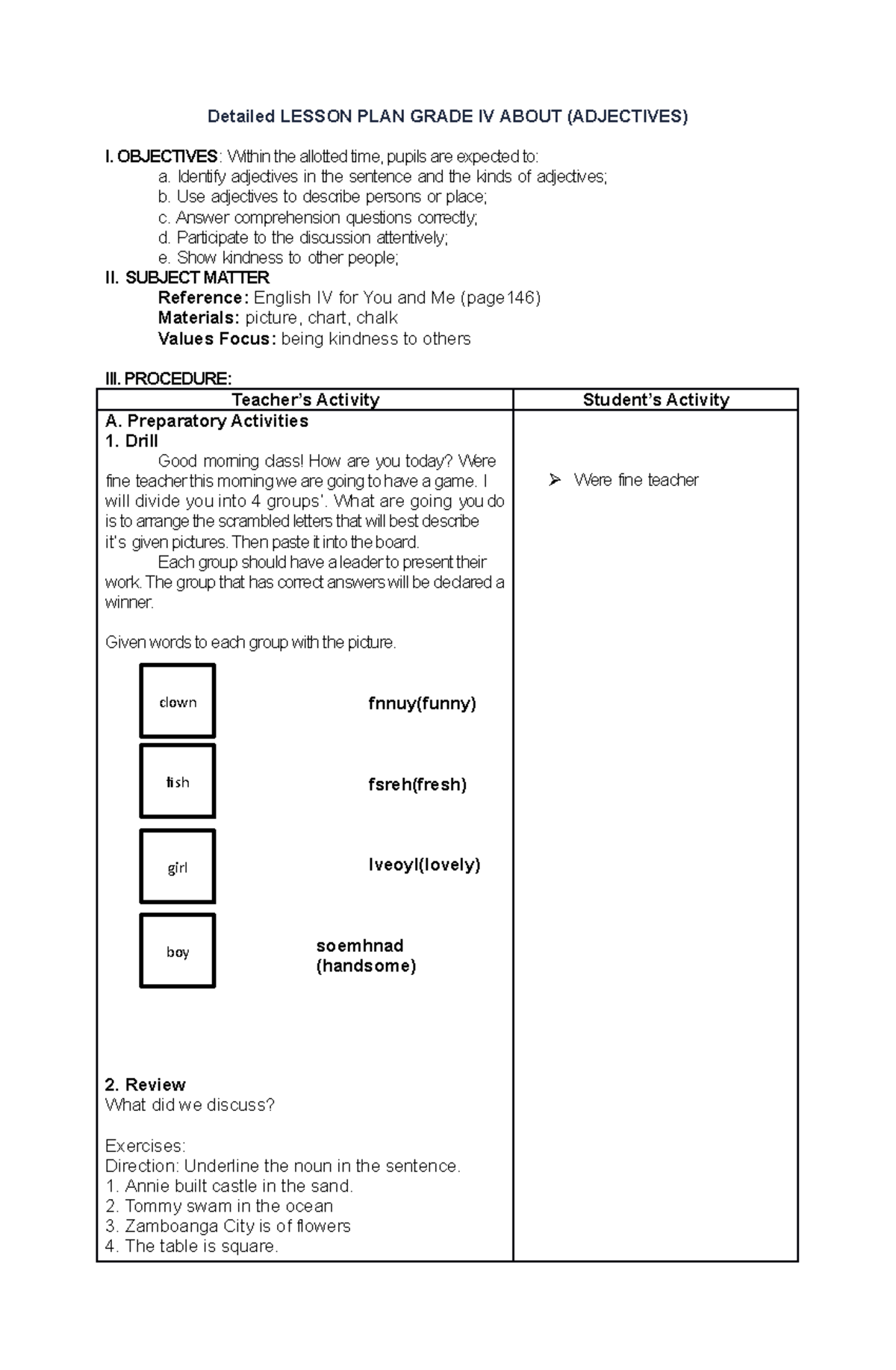 Identifying Adjectives - Detailed Lesson Plan Grade Iv About 