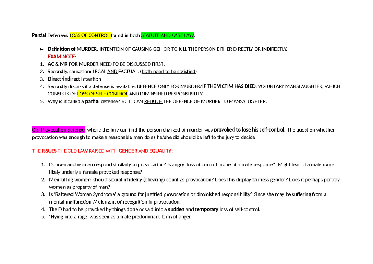 LOSS OF Control Partial Defenses LOSS OF CONTROL found in both