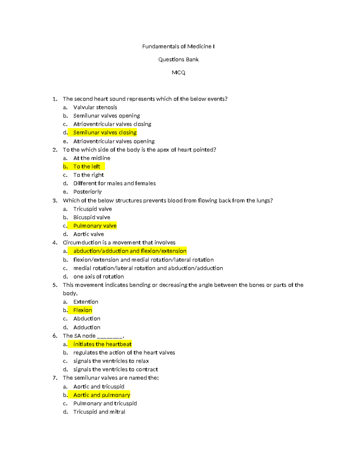 Body Systems Questions Bank Fundamentals of Medicine I Questions