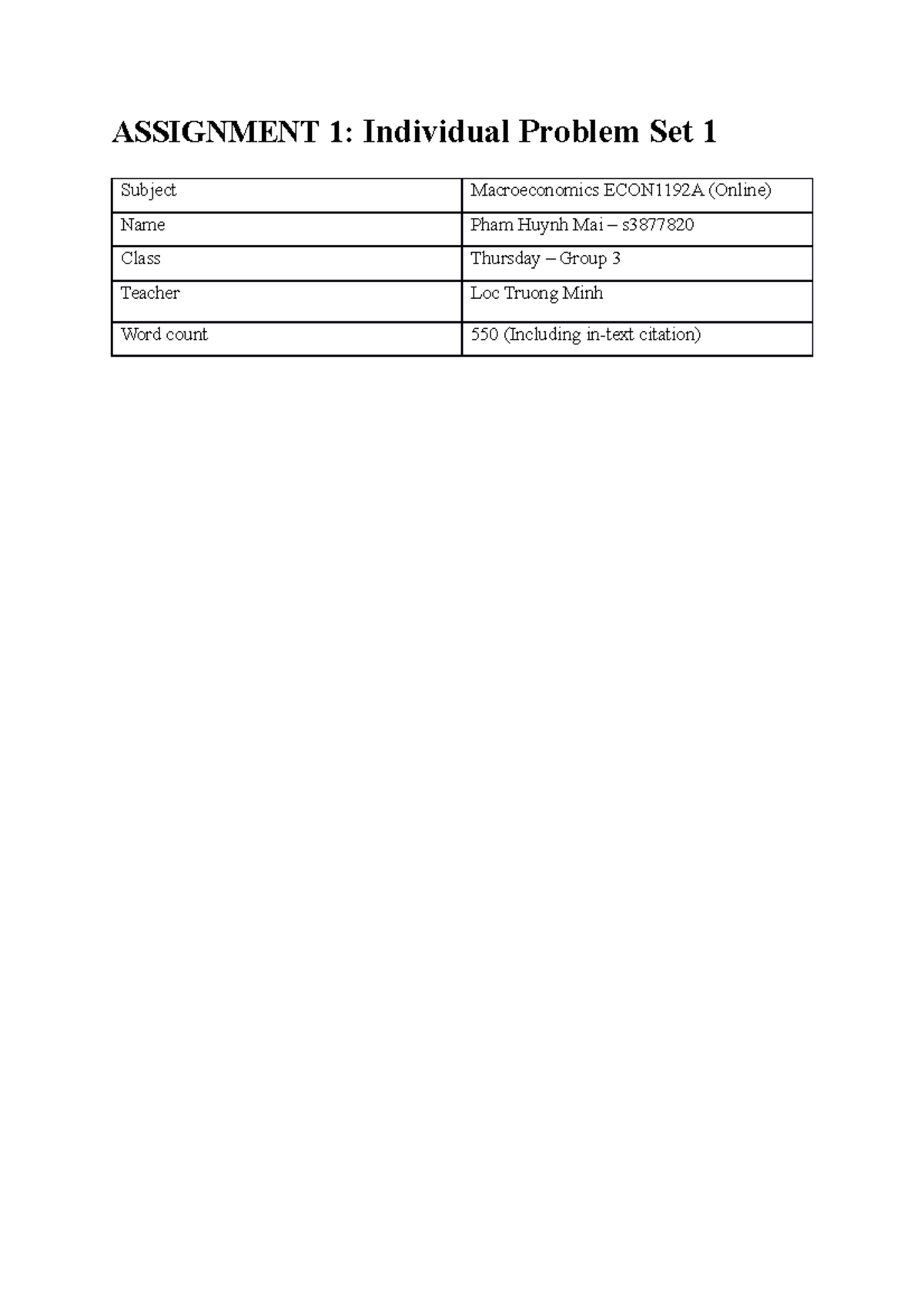 rmit macroeconomics 1 assignment 2