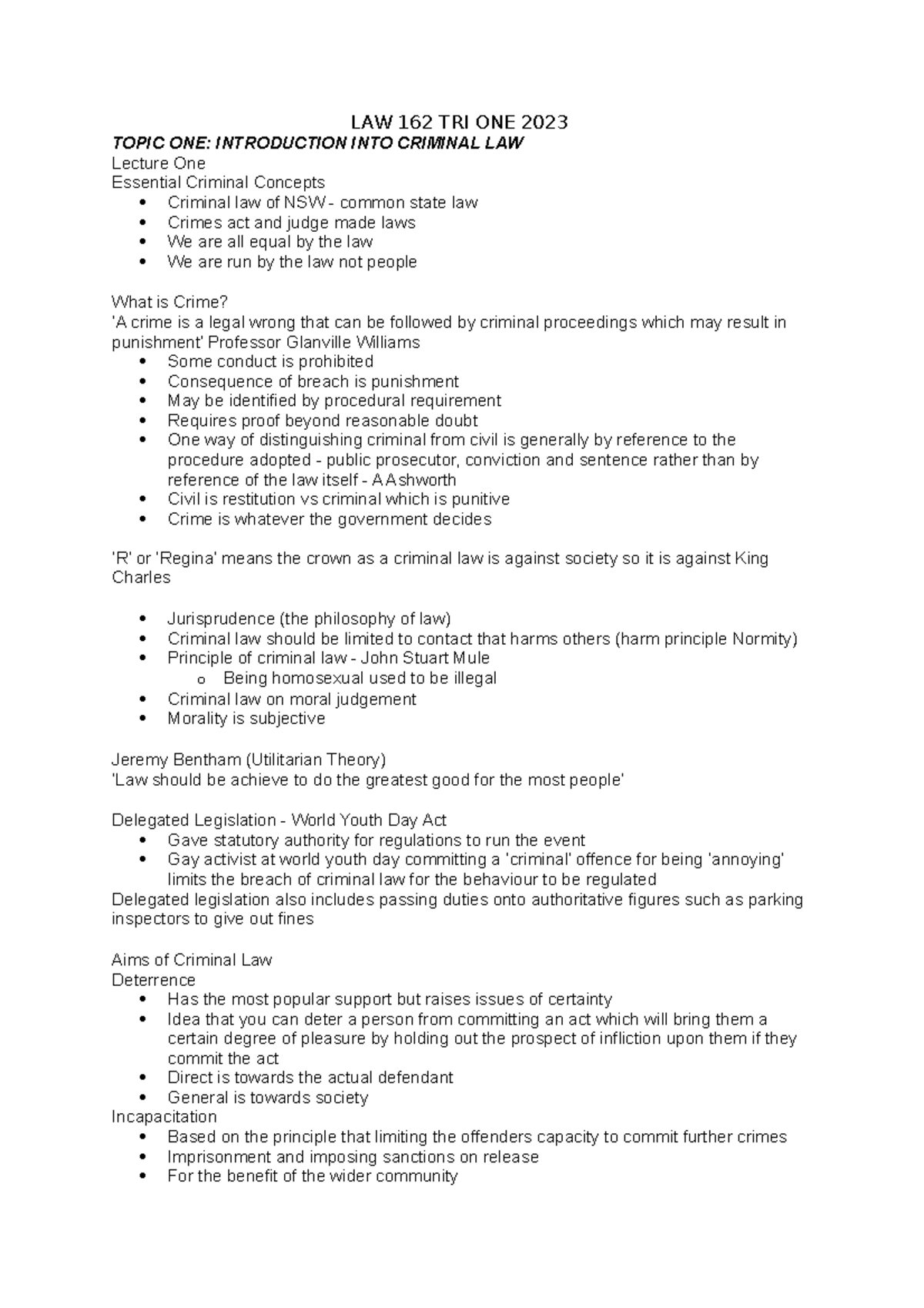 LAW 162 TRI ONE 2023 Summary for lecture notes LAW 162 TRI ONE 2023