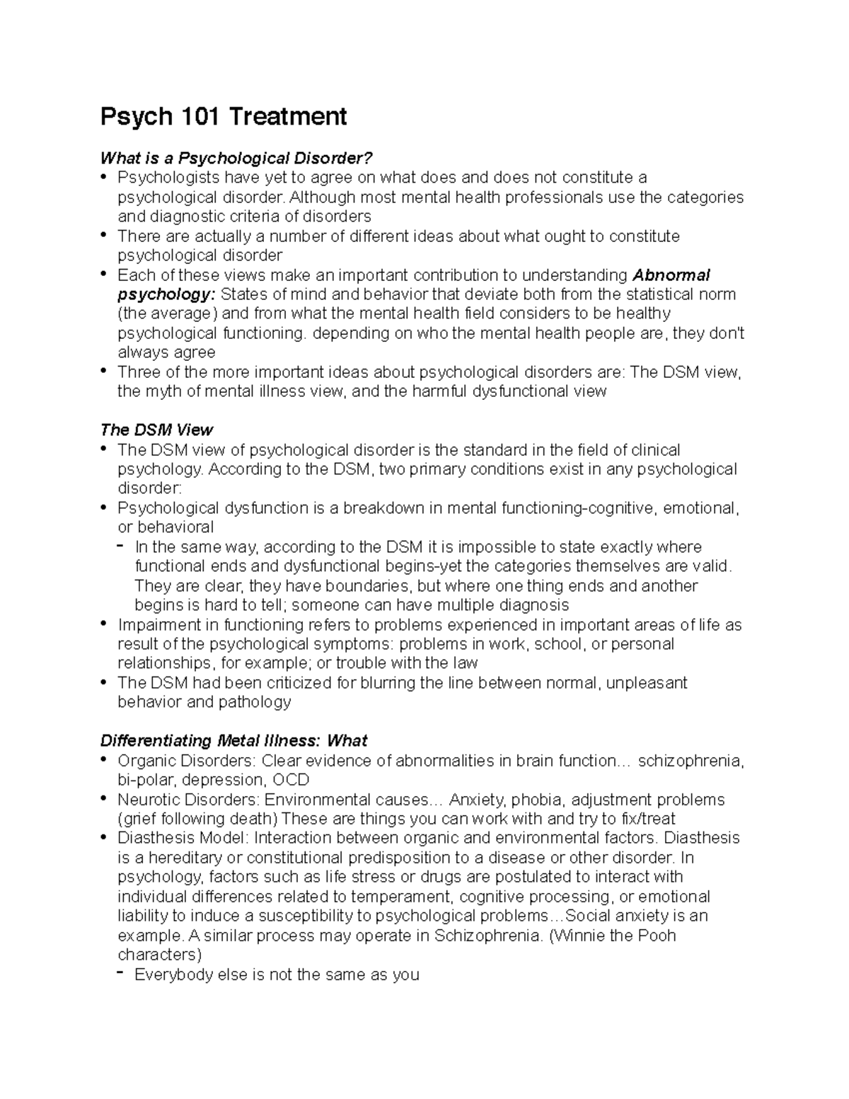 Psych 101 Treatment Notes - Psych 101 Treatment What is a Psychological ...