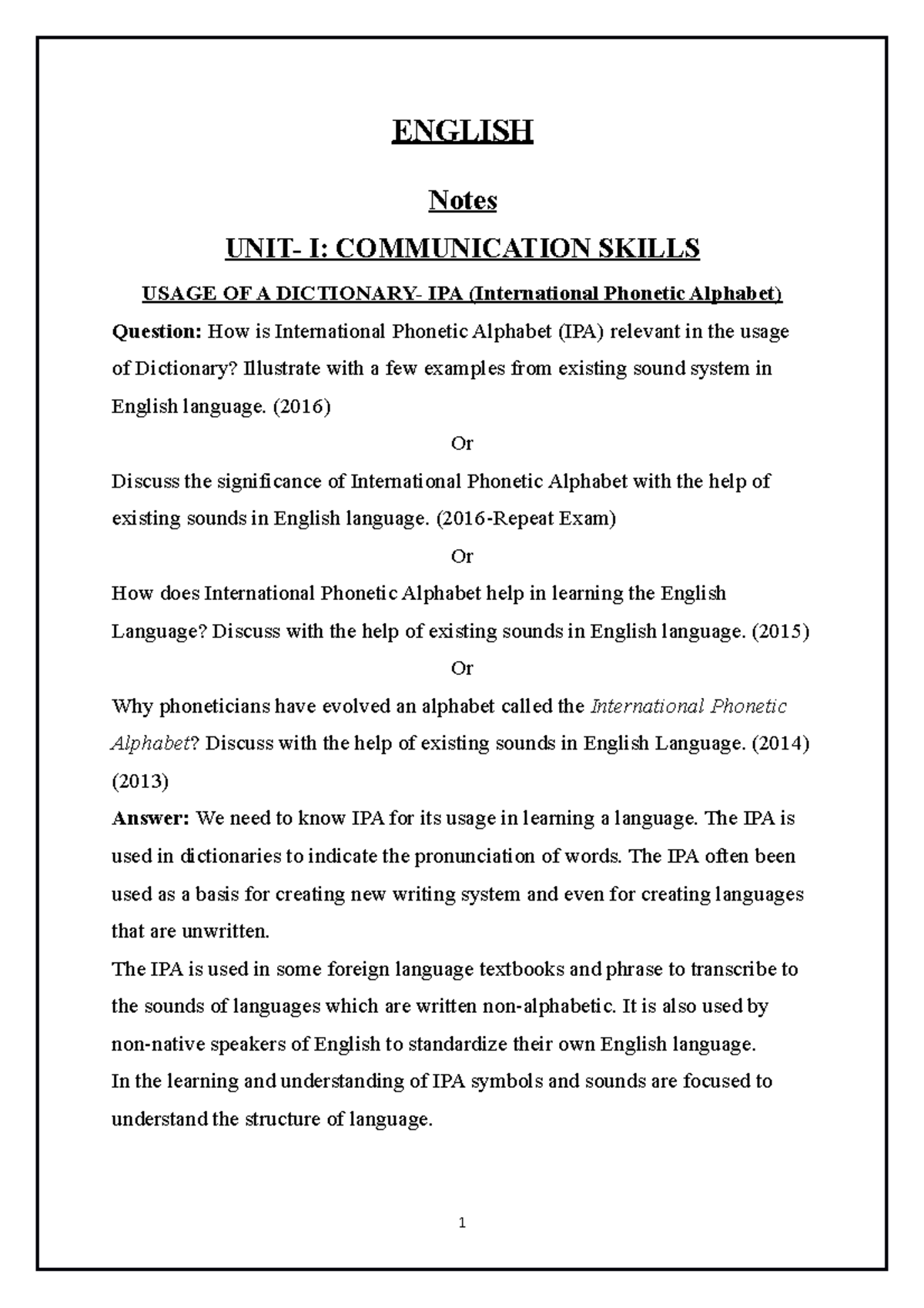Notes-English - sssssssssssssssss - ENGLISH Notes UNIT- I: COMMUNICATION  SKILLS USAGE OF A - Studocu