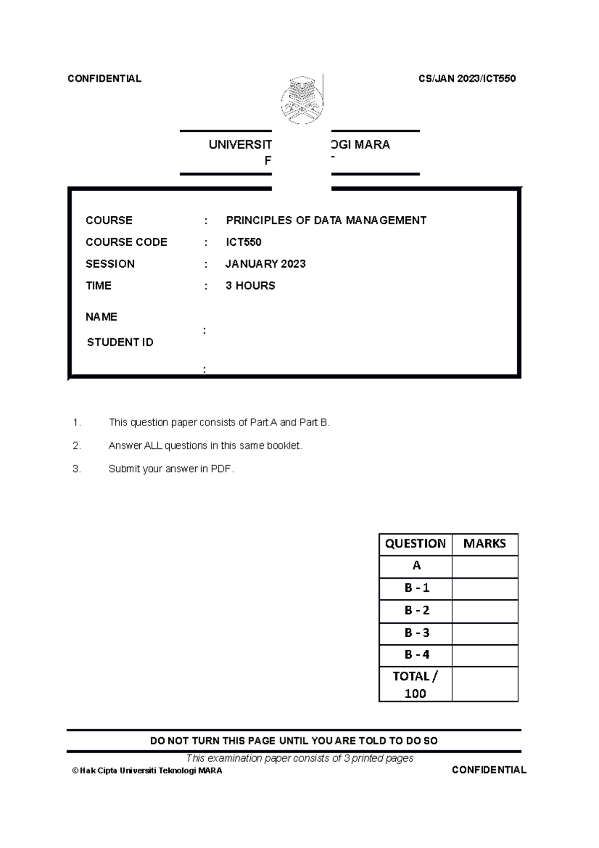 ICT550 Final TEST JAN 2023 Q - CONFIDENTIAL 1 CS/JAN 2023/ICT ...