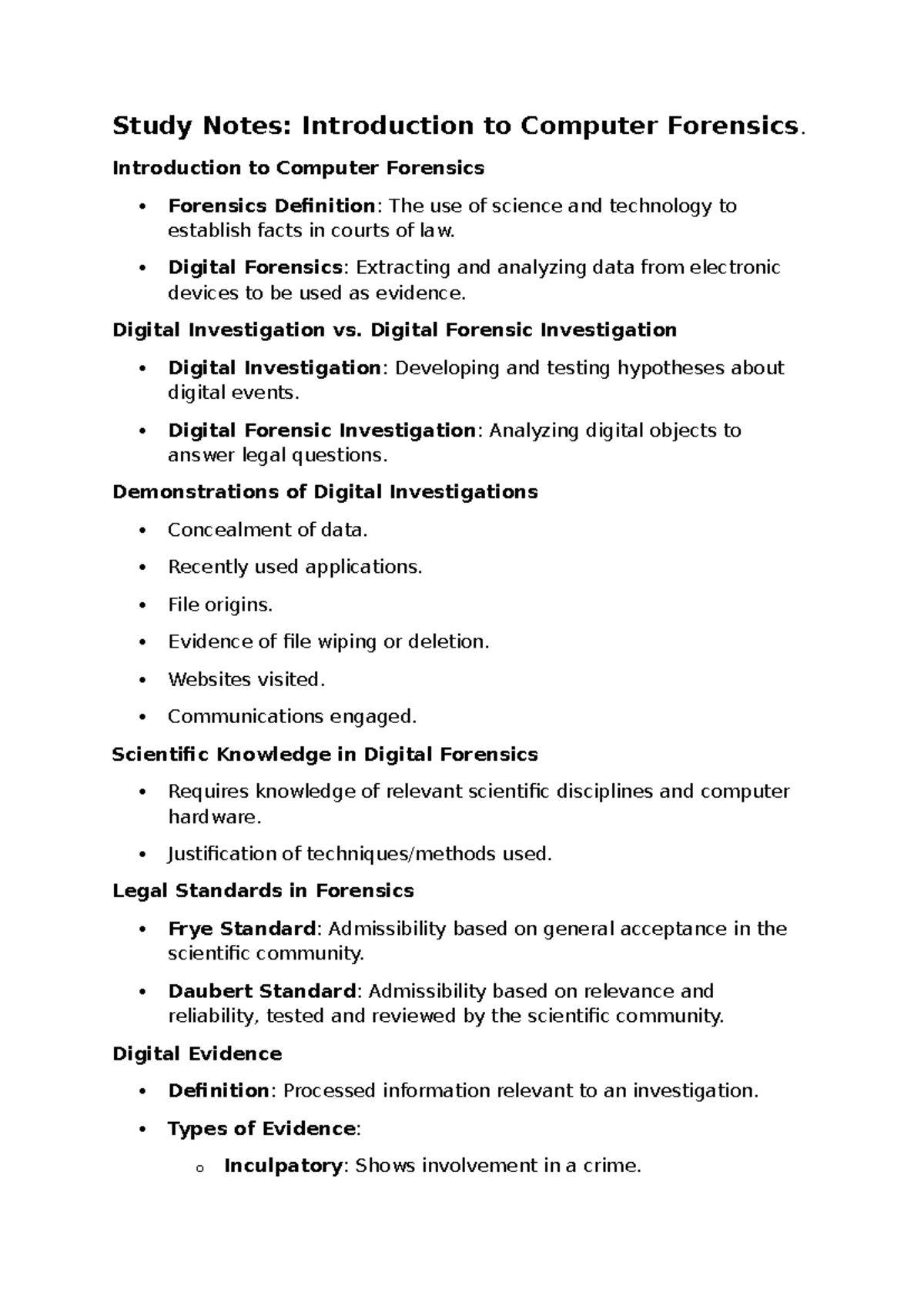 Study Notes Module 1 - Study Notes: Introduction to Computer Forensics ...