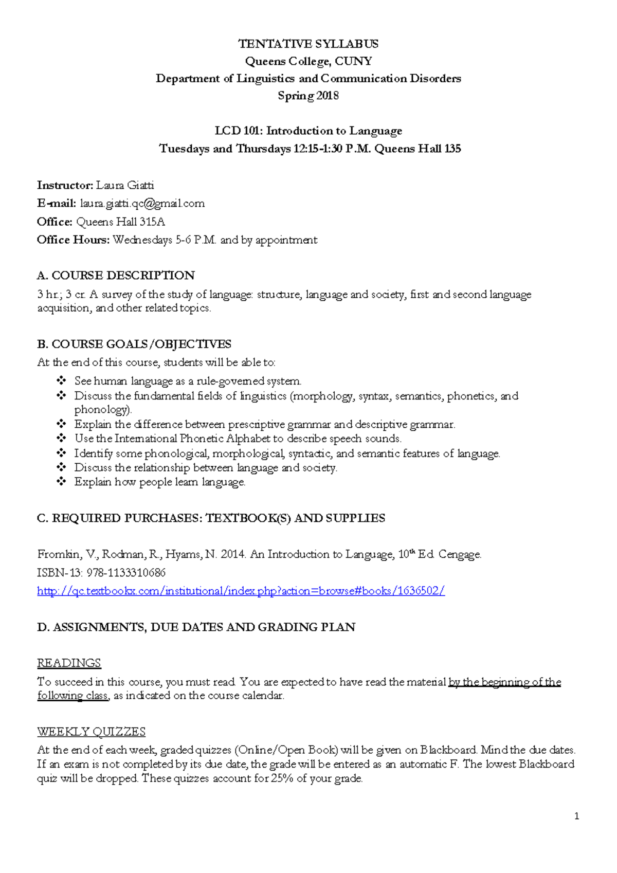 Lcd101 Syllabus Lcd 101 Introduction To Language Qc Cuny Studocu