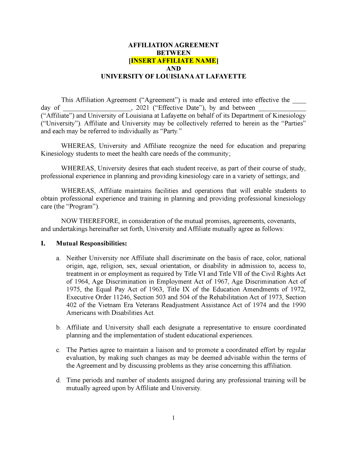 UL Lafayette Kinesiology Affiliation Agreement Template Op Rvw 2021