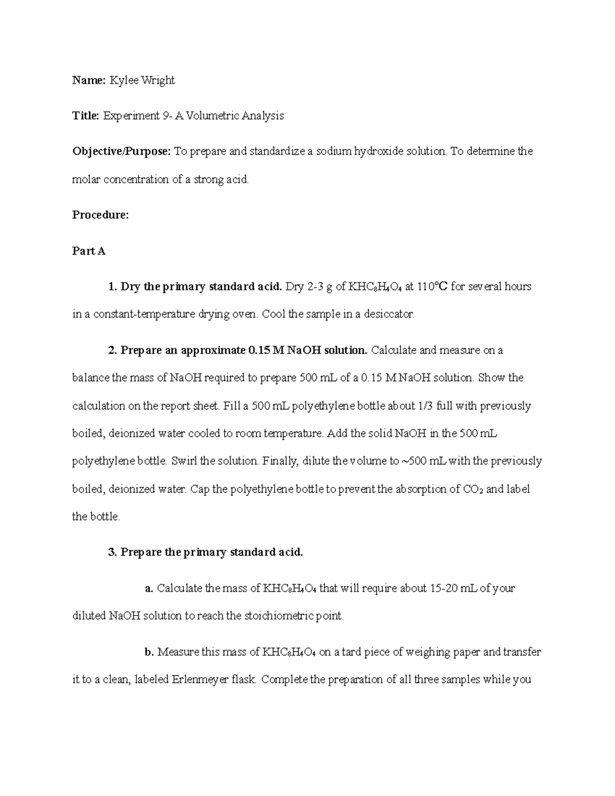 Experiment 9 A Volumetric Analysis PreLab Questions Name Kylee
