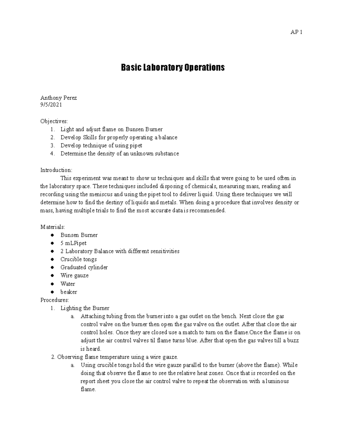 Lab report 1 for chem 1110 - AP 1 Basic Laboratory Operations Anthony ...