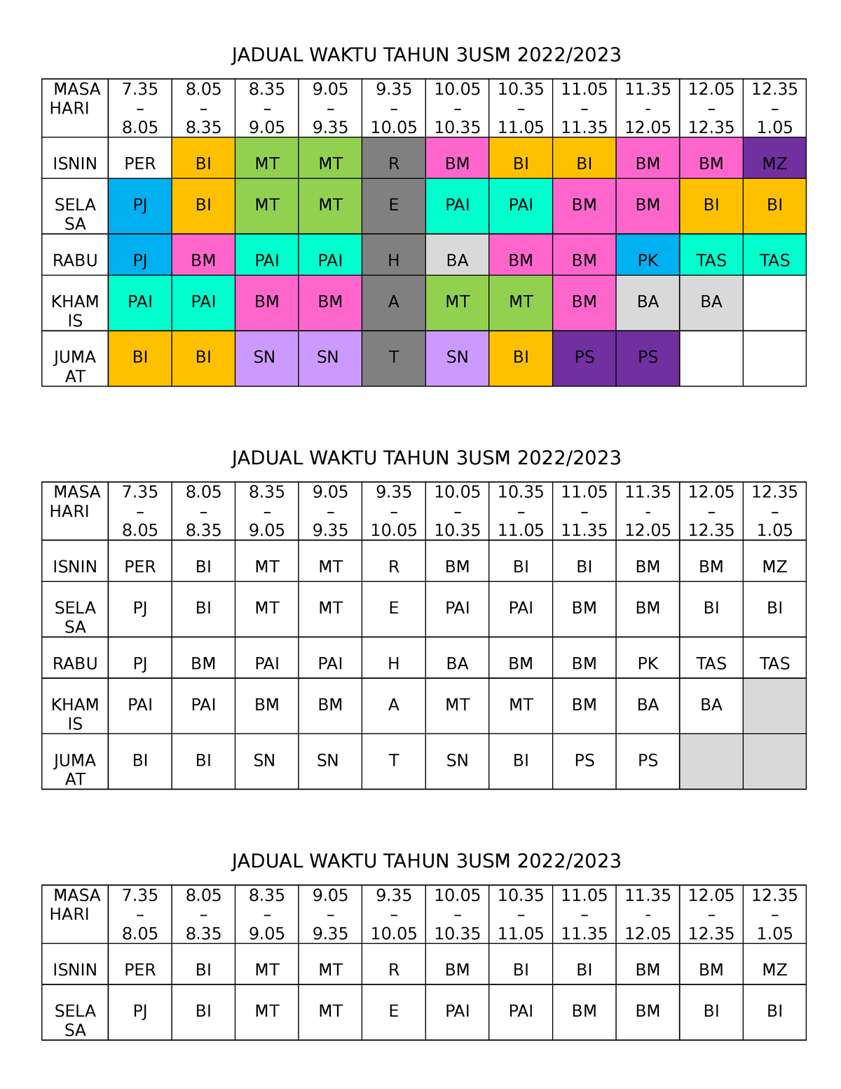 Timetable - Contoh - JADUAL WAKTU TAHUN 3USM 2022/ MASA HARI 7. – 8. 8 ...