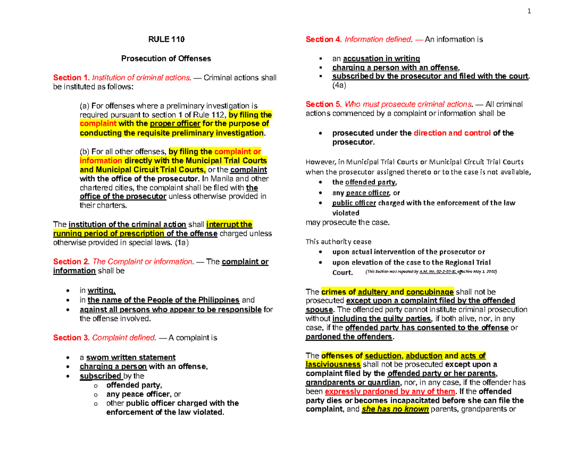 20 Jan, RULE 110-112 - Crim Pro - RULE 110 Prosecution of Offenses ...