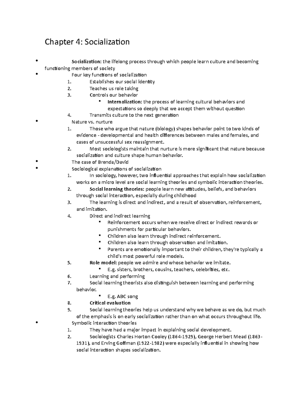 Principles Of Sociology Chapter 4 Notes - Chapter 4: Socialization ...