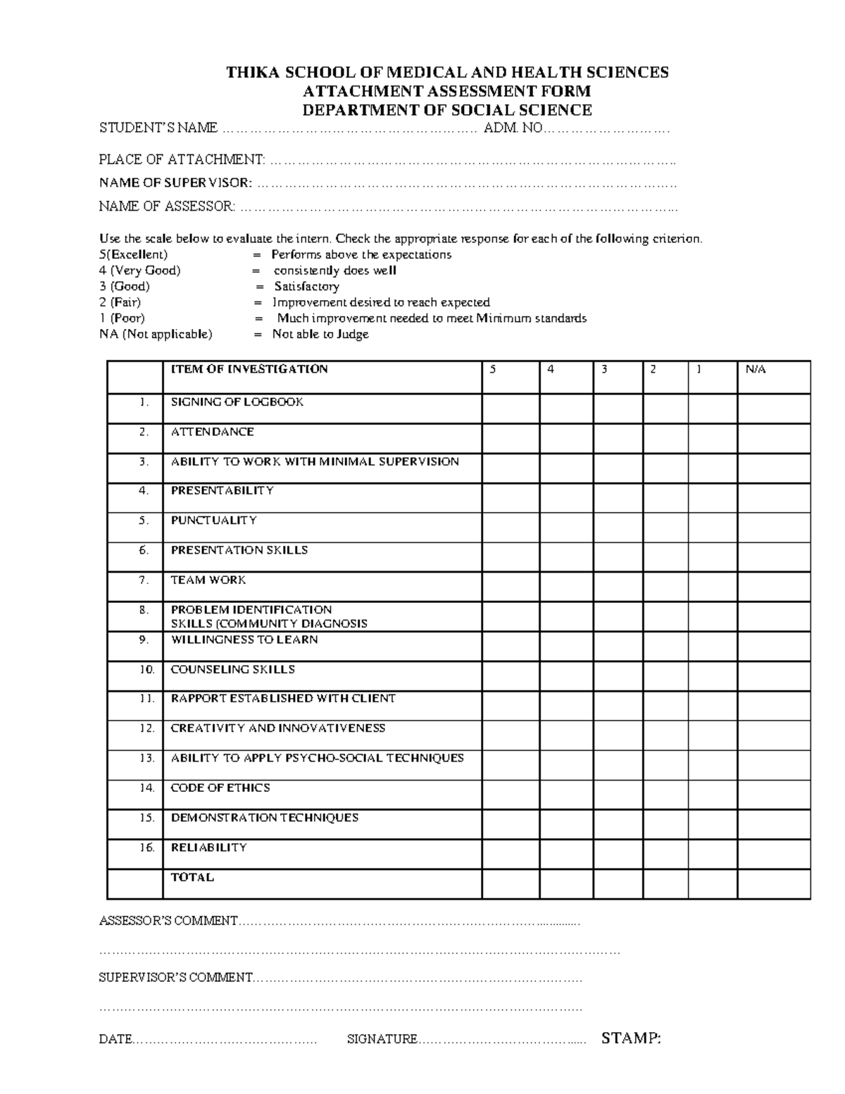 Assessment FORM J23 - THIKA SCHOOL OF MEDICAL AND HEALTH SCIENCES ...