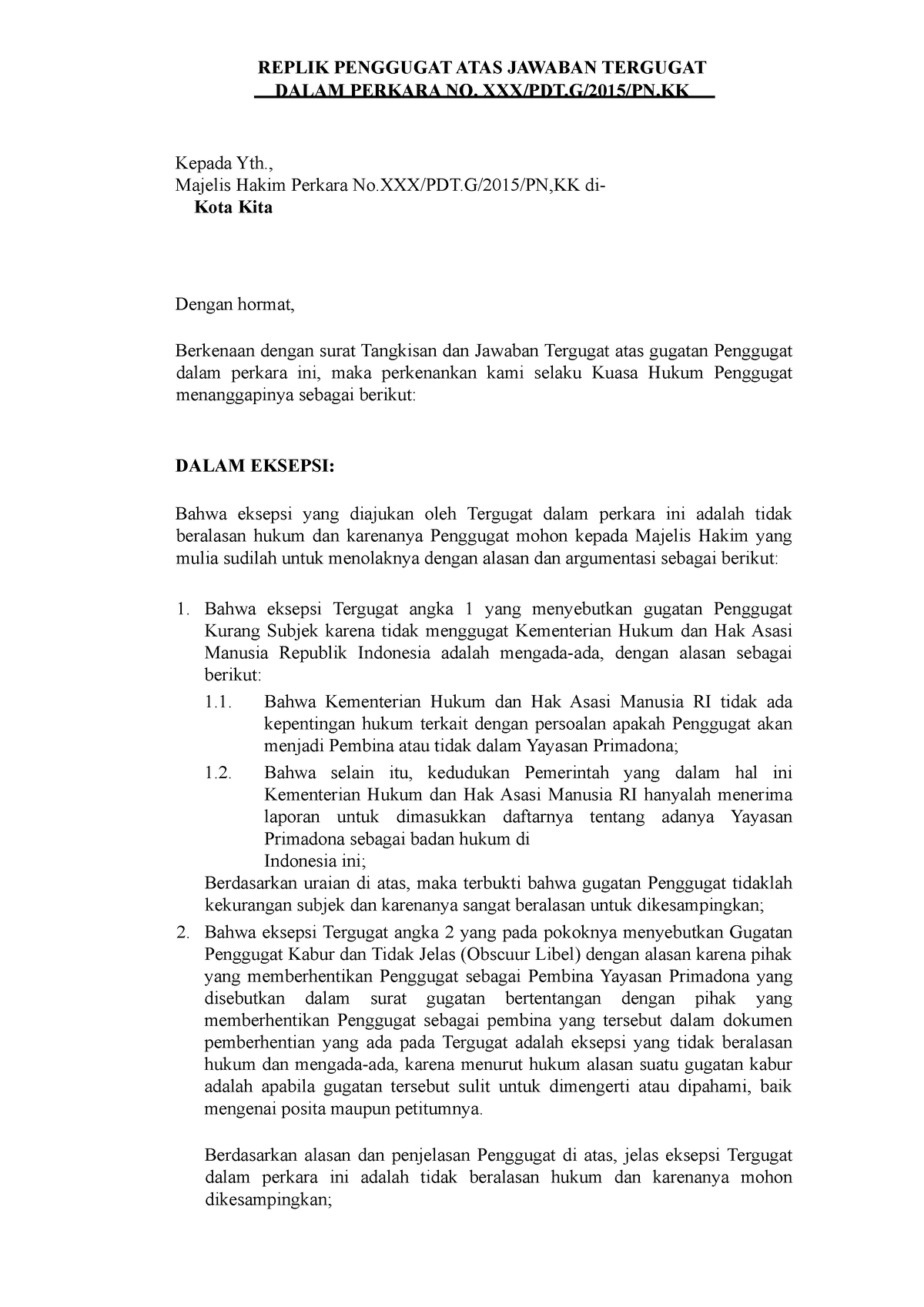 Replik - Ilmu Hukum - REPLIK PENGGUGAT ATAS JAWABAN TERGUGAT DALAM ...