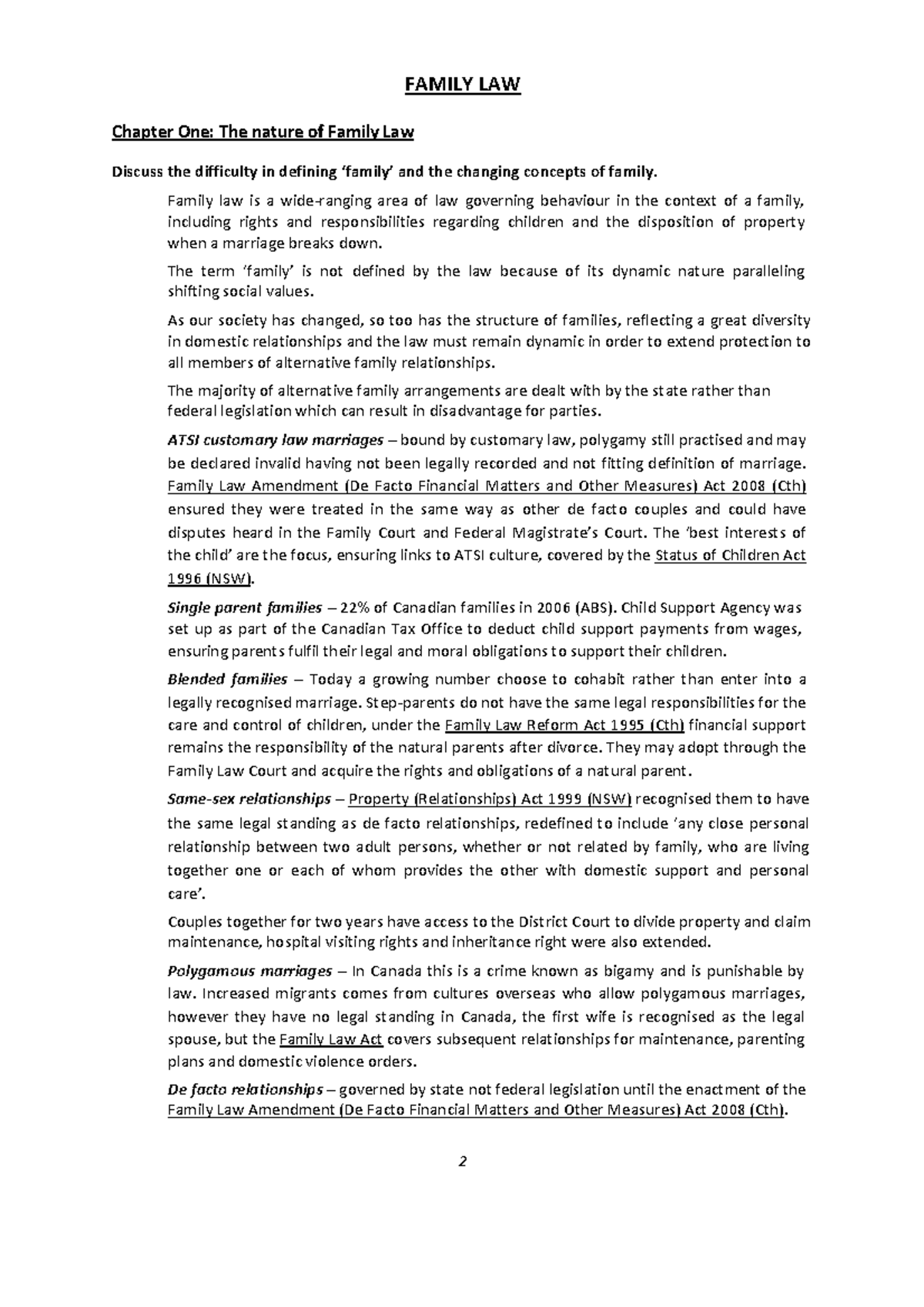 Family Law Notes Class 2020/21. Niagara College Canada FAMILY LAW