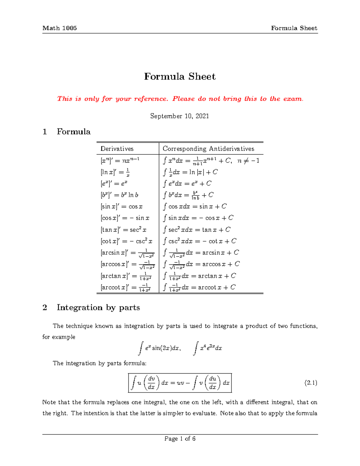Formula sheet given at start - Formula Sheet This is only for your ...