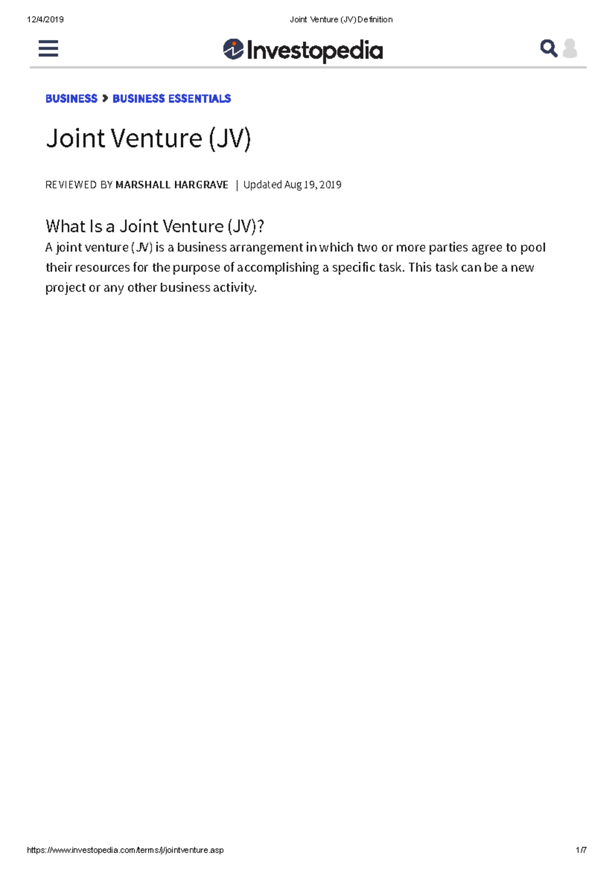 Joint Venture (JV) Definition BUSINESS BUSINESS ESSENTIALS REVIEWED