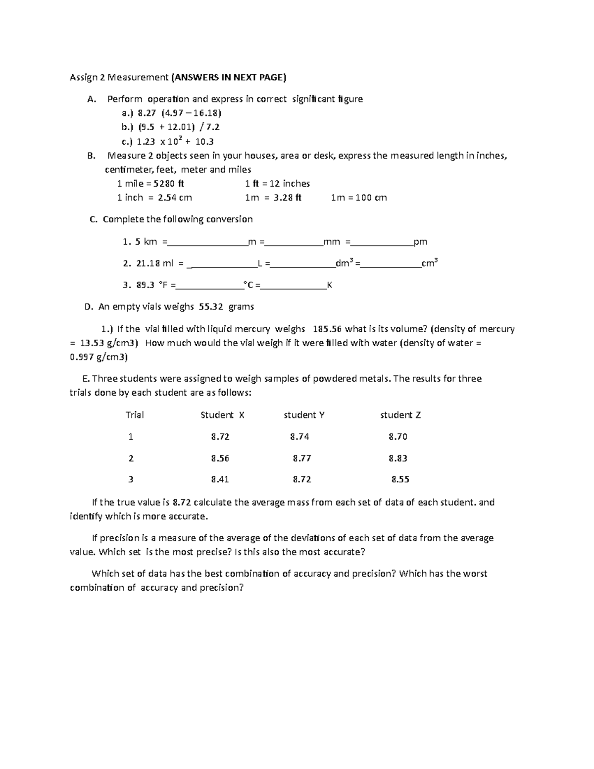 Chemistry Measurement Assignment - Assign 2 Measurement (answers In 