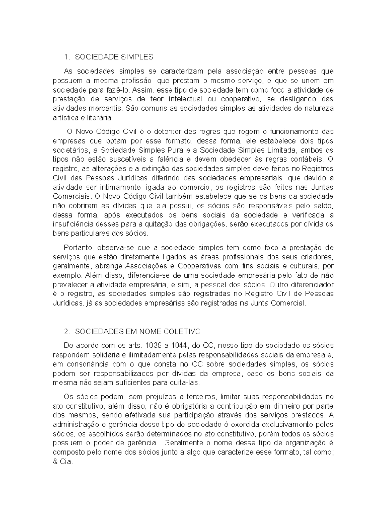 Sociedade Simples - atividade sobre o tema - 1. SOCIEDADE SIMPLES As ...