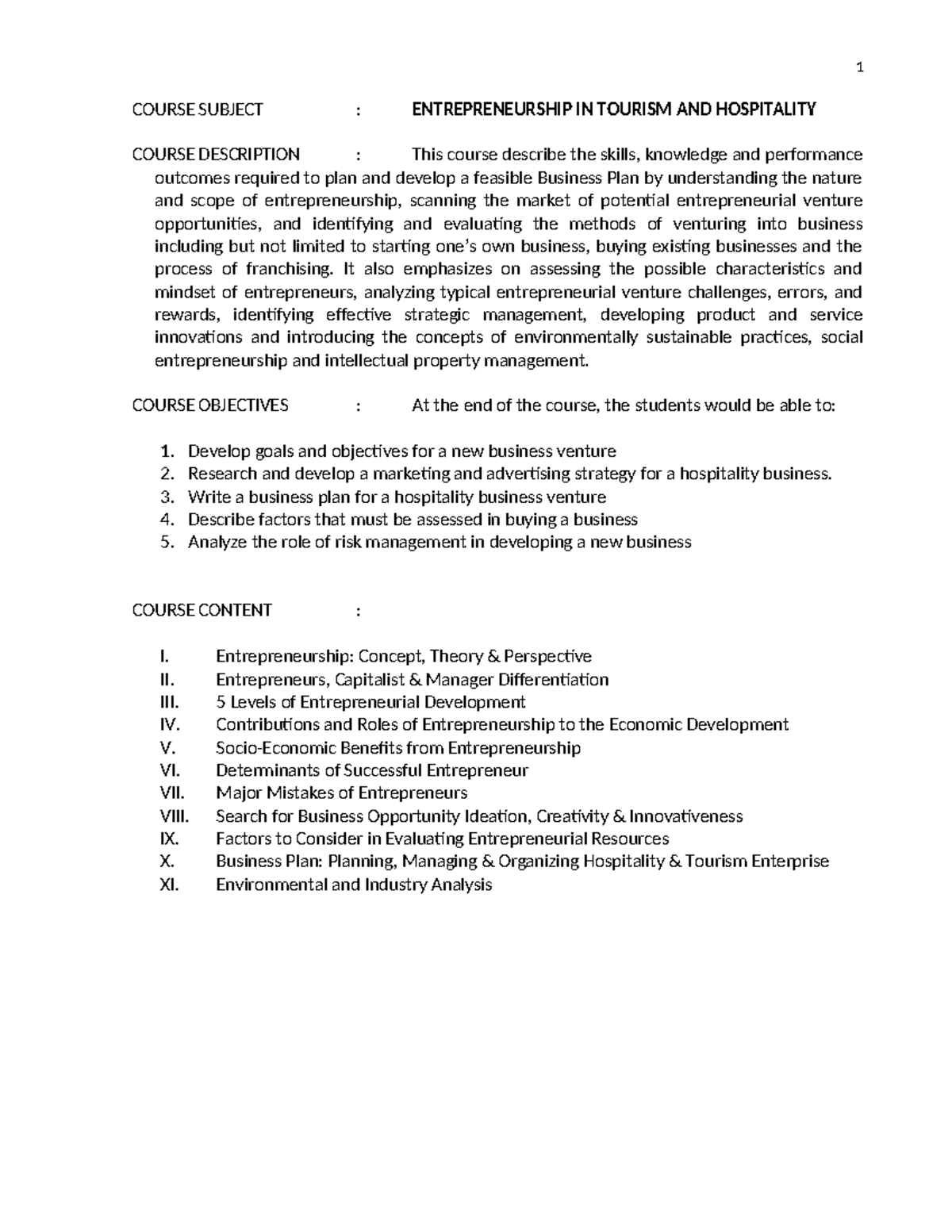 HM - Entre in TR n HM - Stud - COURSE SUBJECT : ENTREPRENEURSHIP IN ...