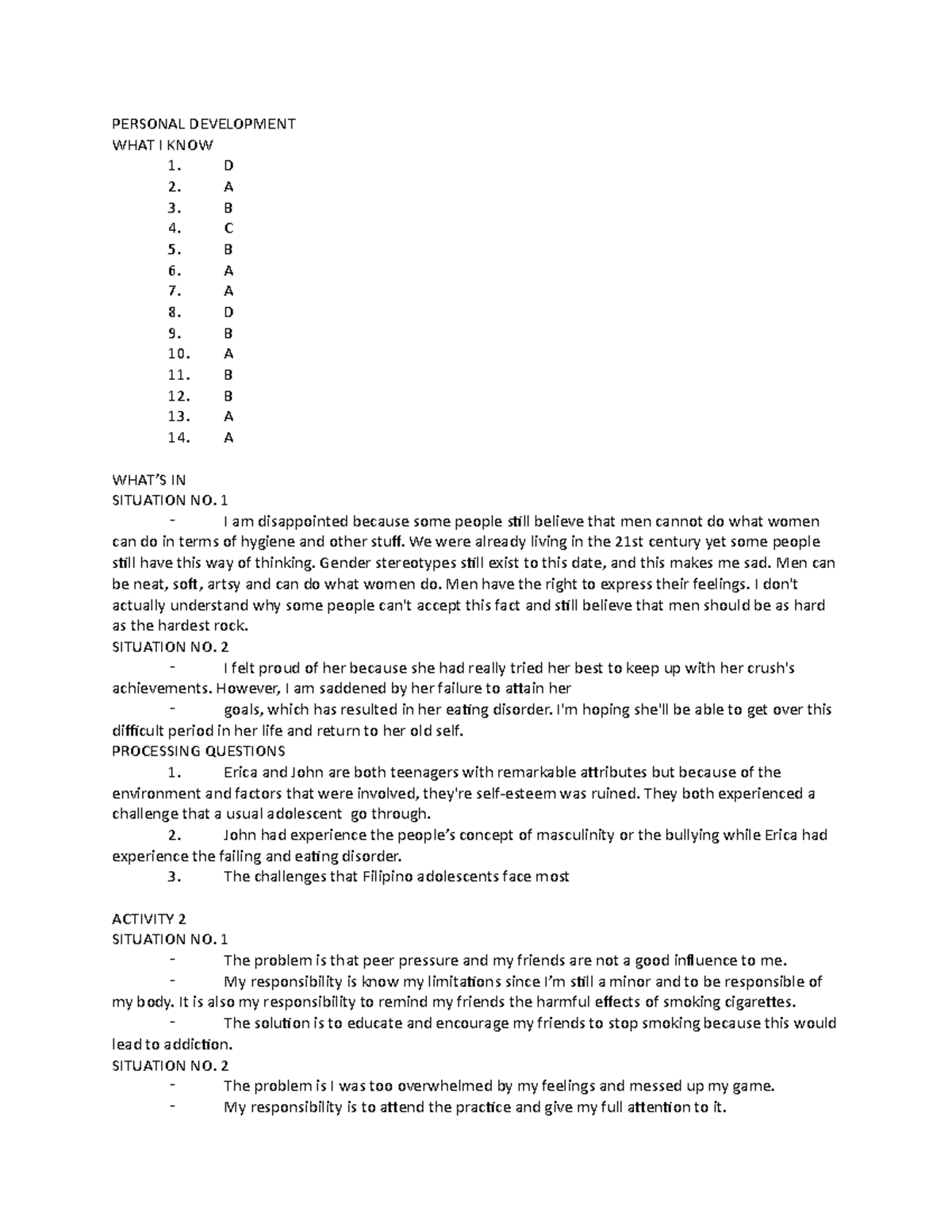 Personal Development - The document that was uploaded contains some ...