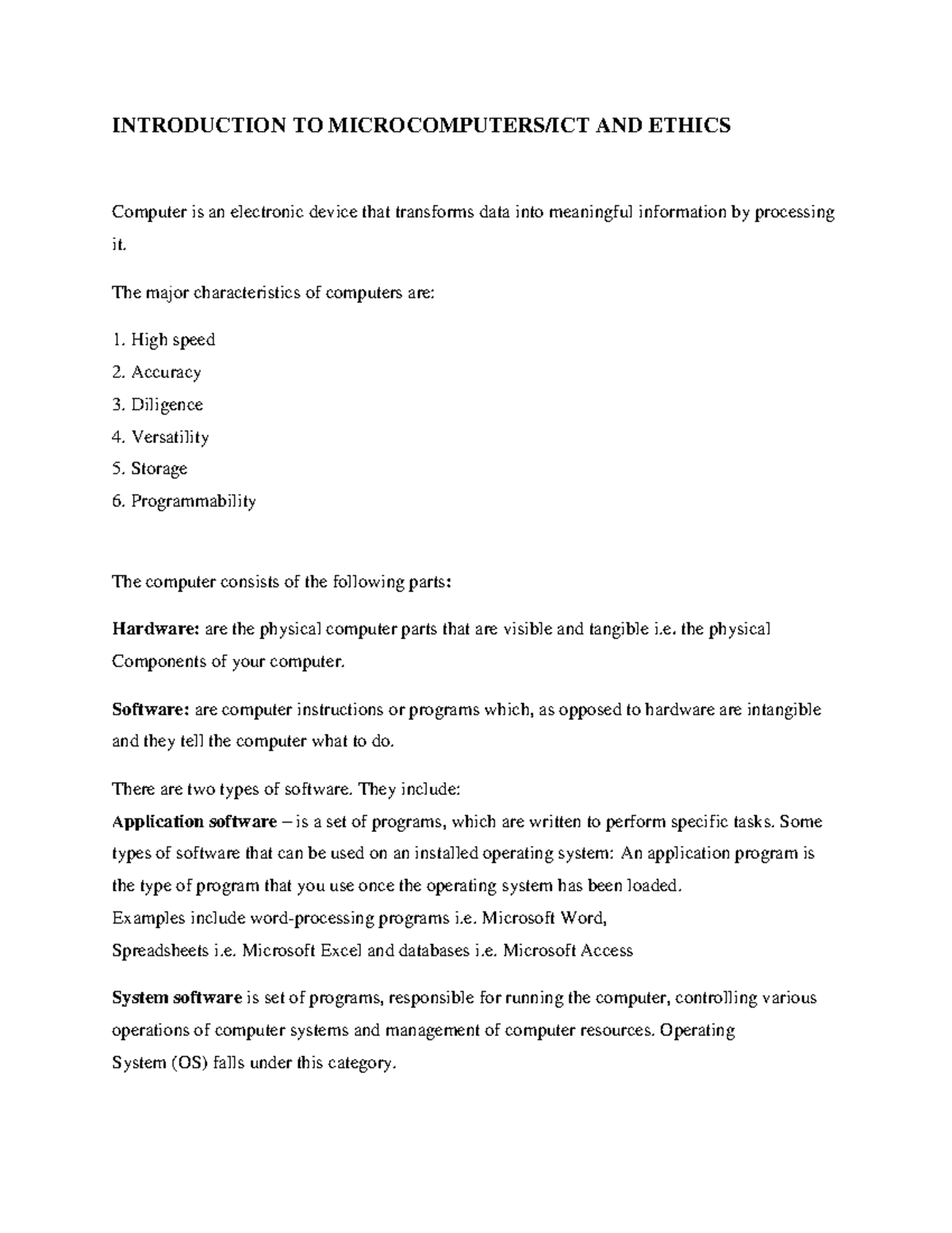 ICT & Ethics Notes INTRODUCTION TO AND ETHICS