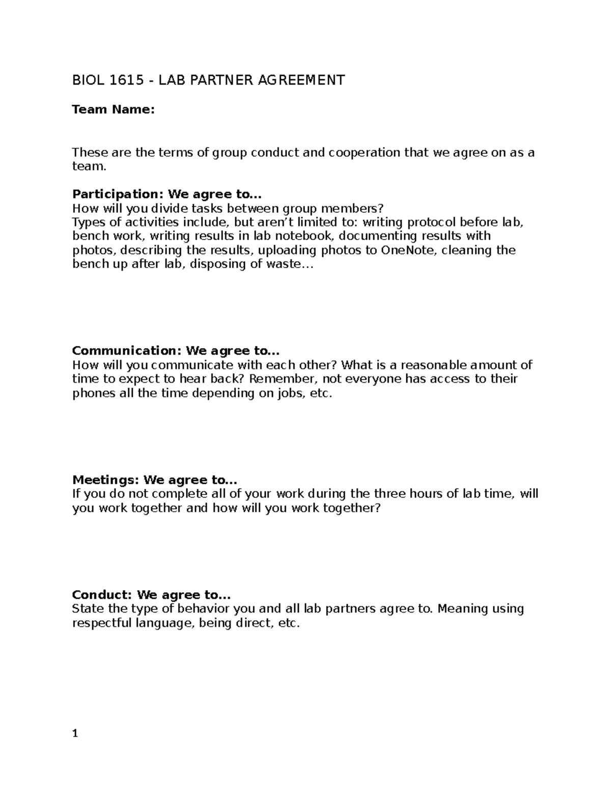 Lab Partner Agreement-S24 - BIOL 1615 - LAB PARTNER AGREEMENT Team Name ...