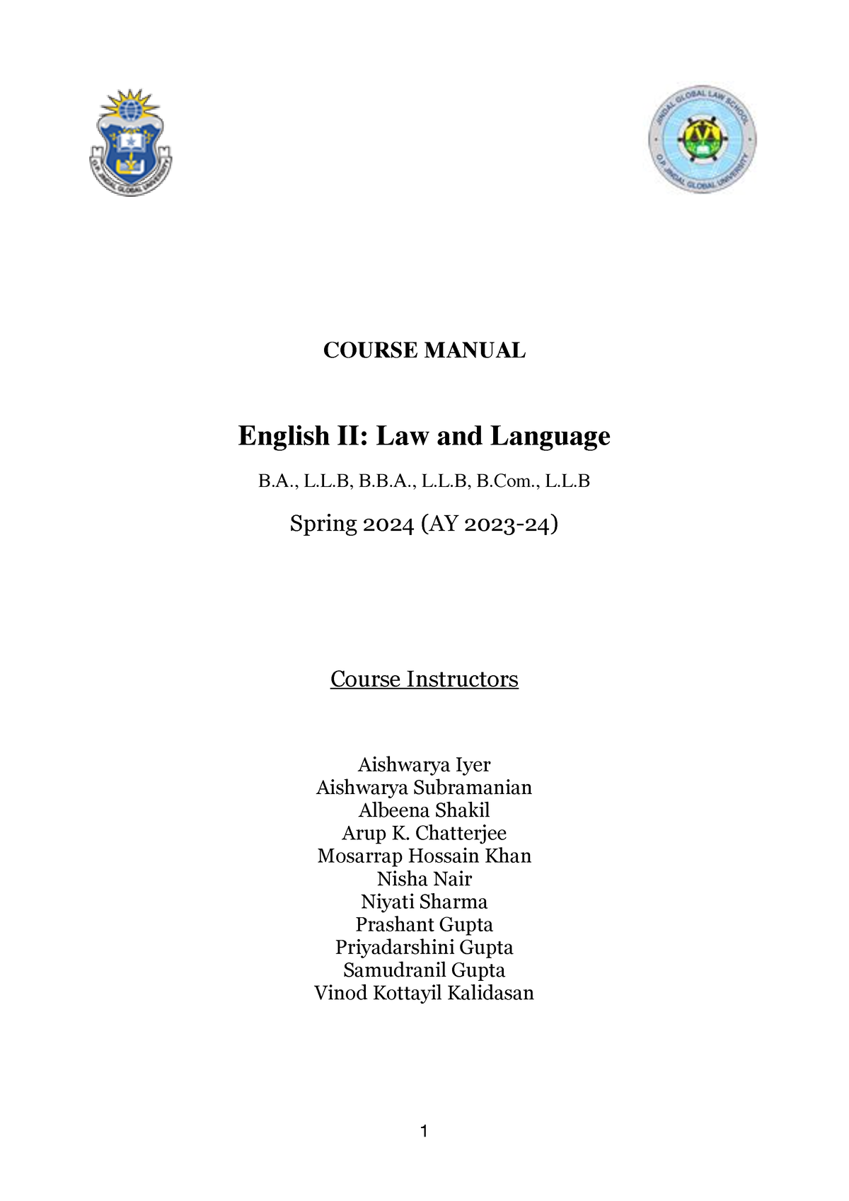 Course Manual English II 2024 - COURSE MANUAL English II: Law And ...