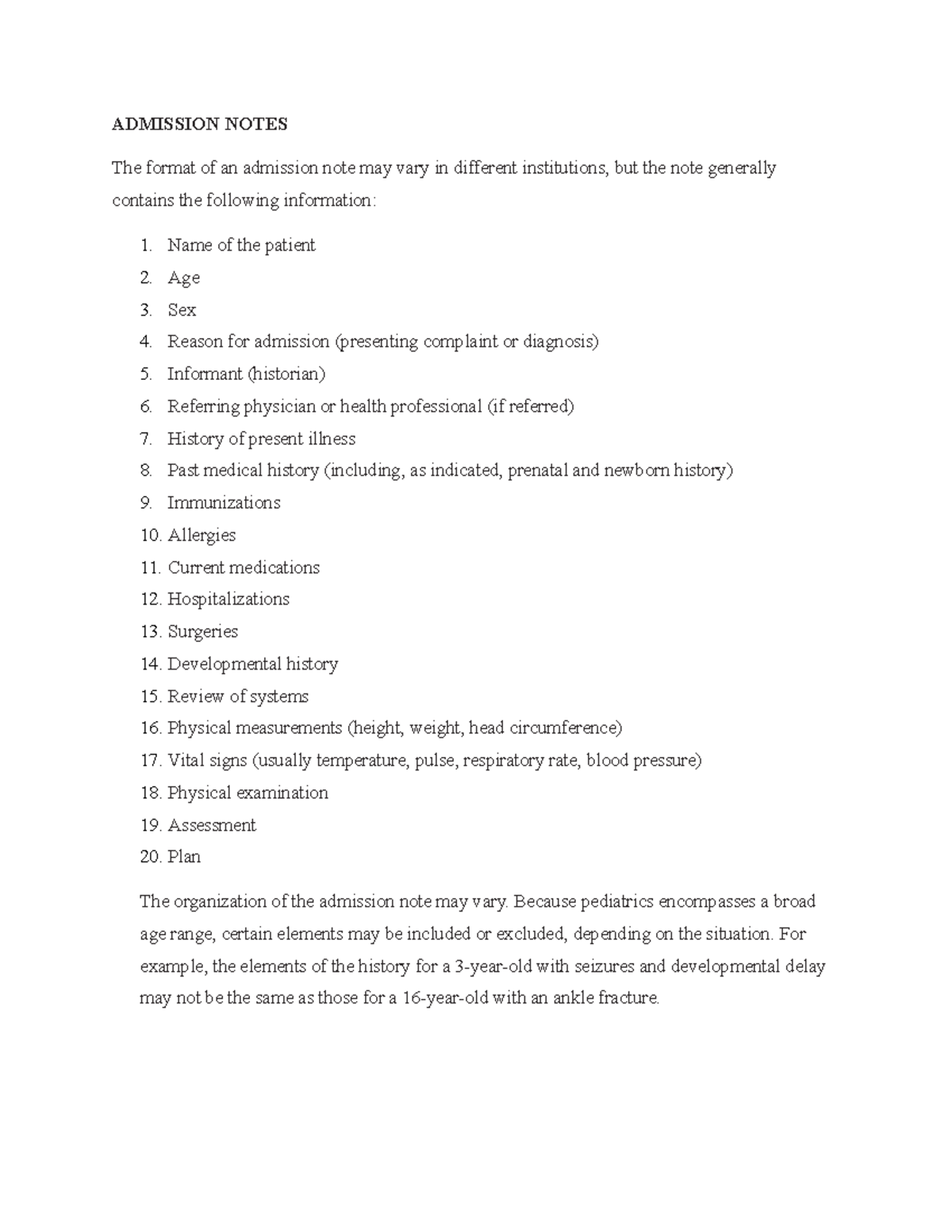 YEAR TWO STUDENTS-PATIENT Admission Notes - ADMISSION NOTES The format ...