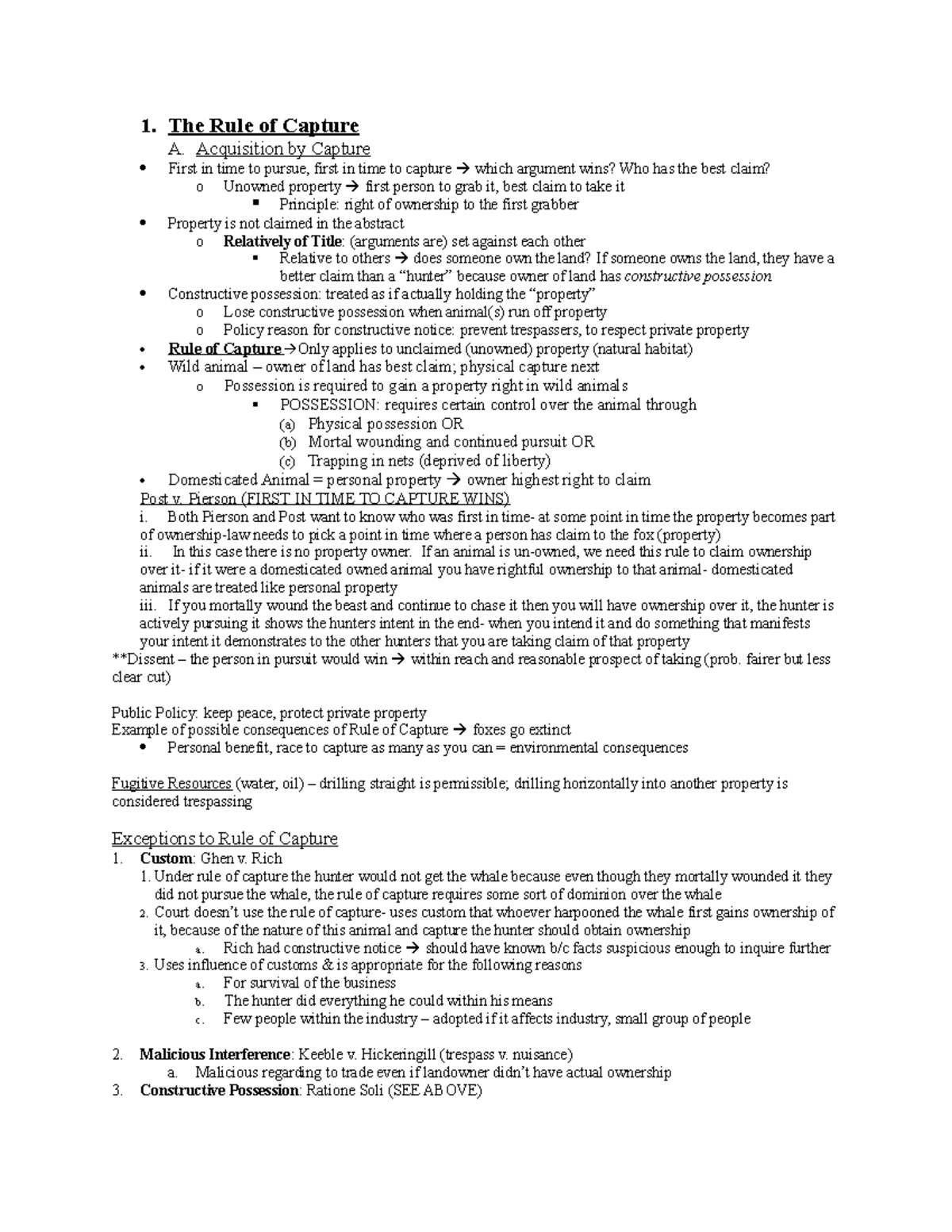 Property Outline/Notes/Hypos Ostrow 1. The Rule of Capture A