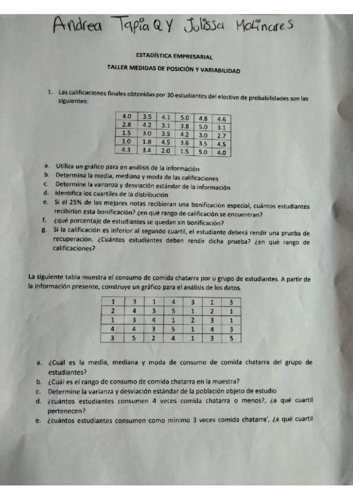 Taller Medidas De Posici N Y Variabilidad Estad Stica Studocu