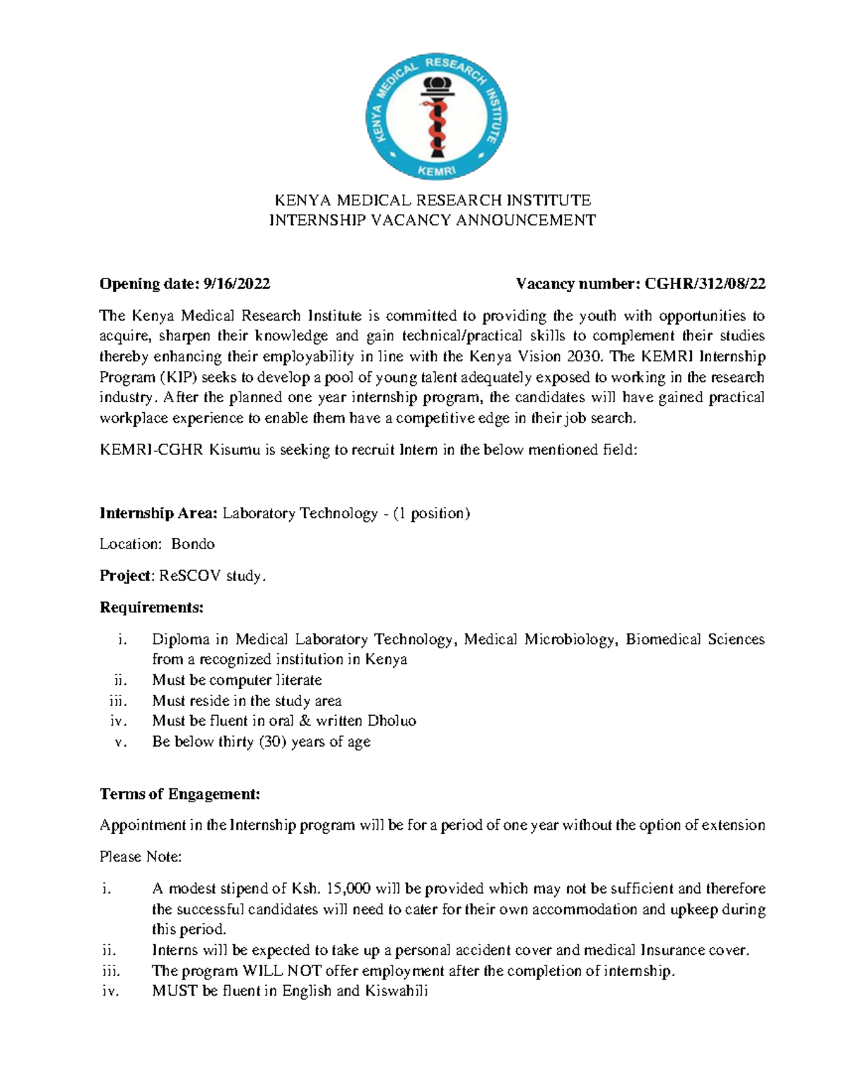 kenya medical research institute vacancies