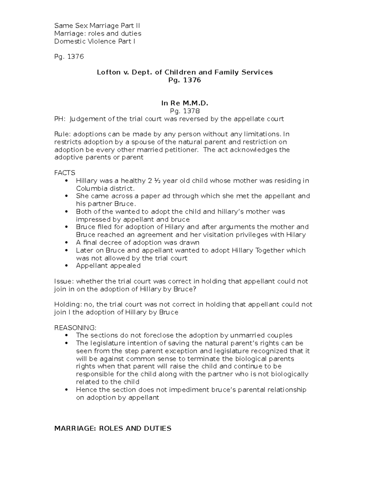 Fam week feb 6 notes (lecture 8) - Marriage: roles and duties Domestic ...