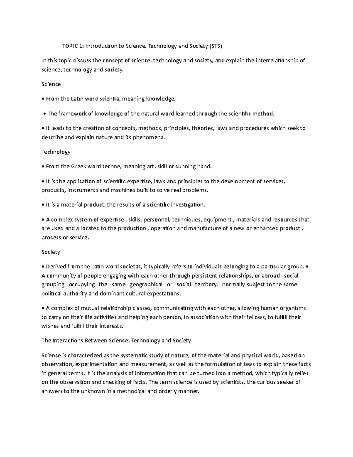 Topic 1 - Sts - TOPIC 1: Introduction to Science, Technology and ...