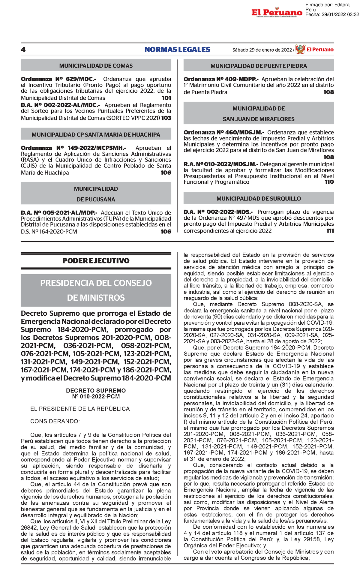 Decreto Supremo N°010-2022-PCM - 4 NORMAS LEGALES Sábado 29 De Enero De ...