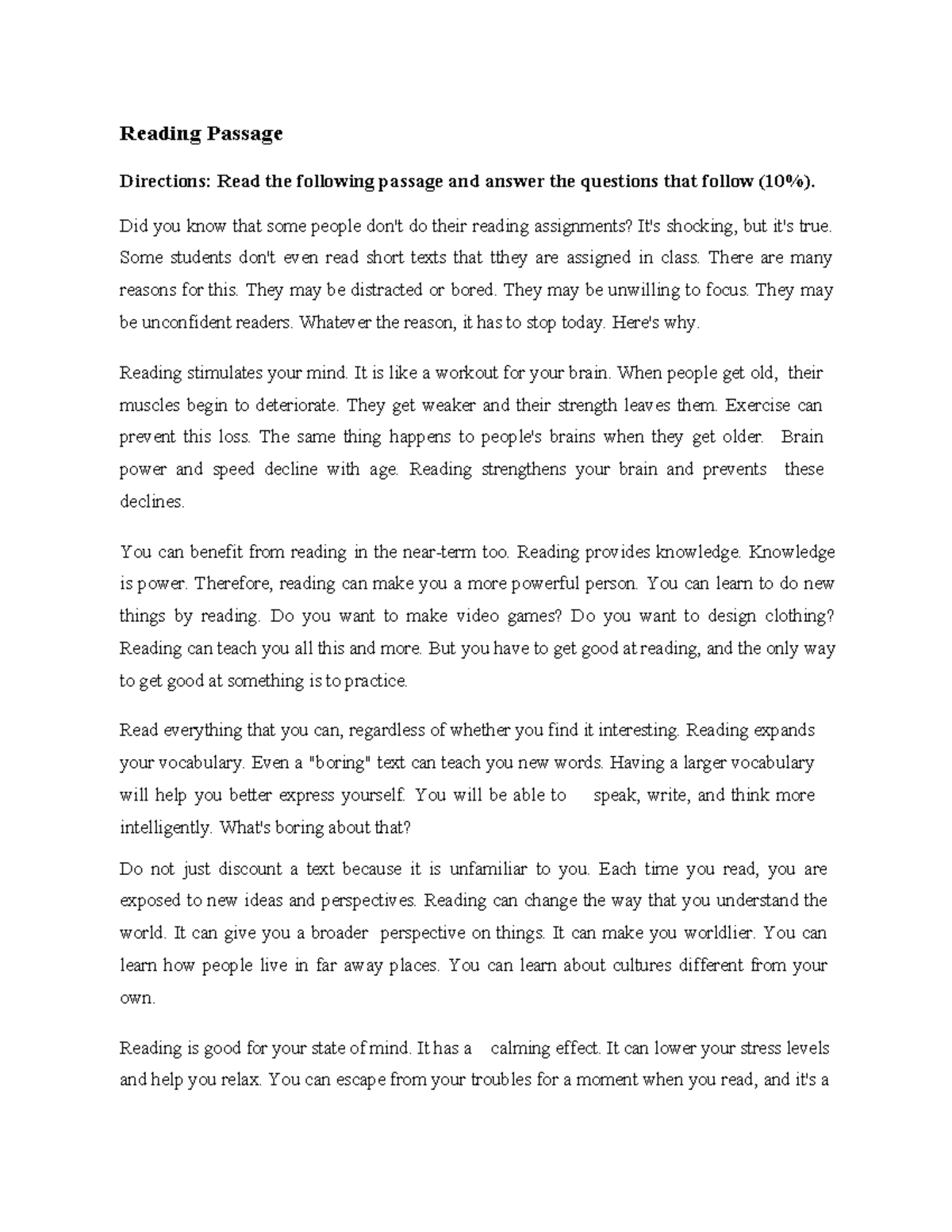 Reading Passage - this assignment is important for the instructors to ...