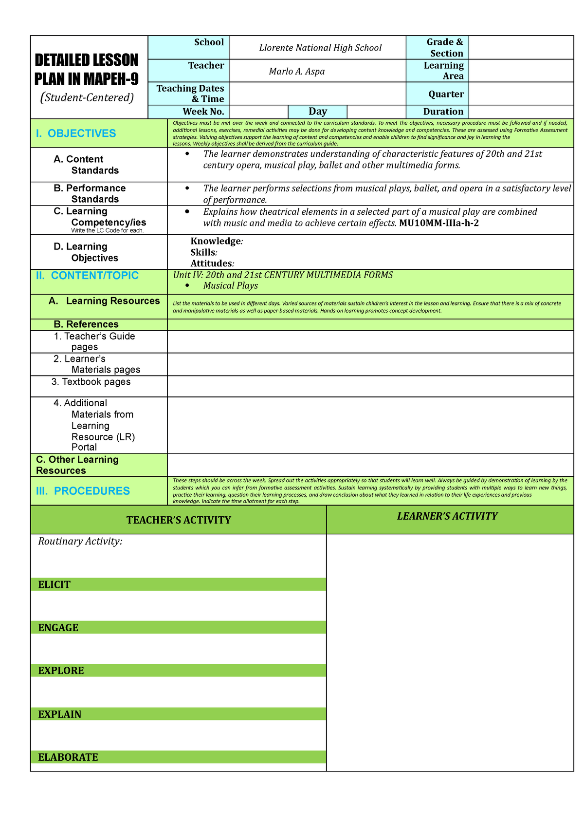 Sample Of 7es Detailed Lesson Plan Printable Templates Free