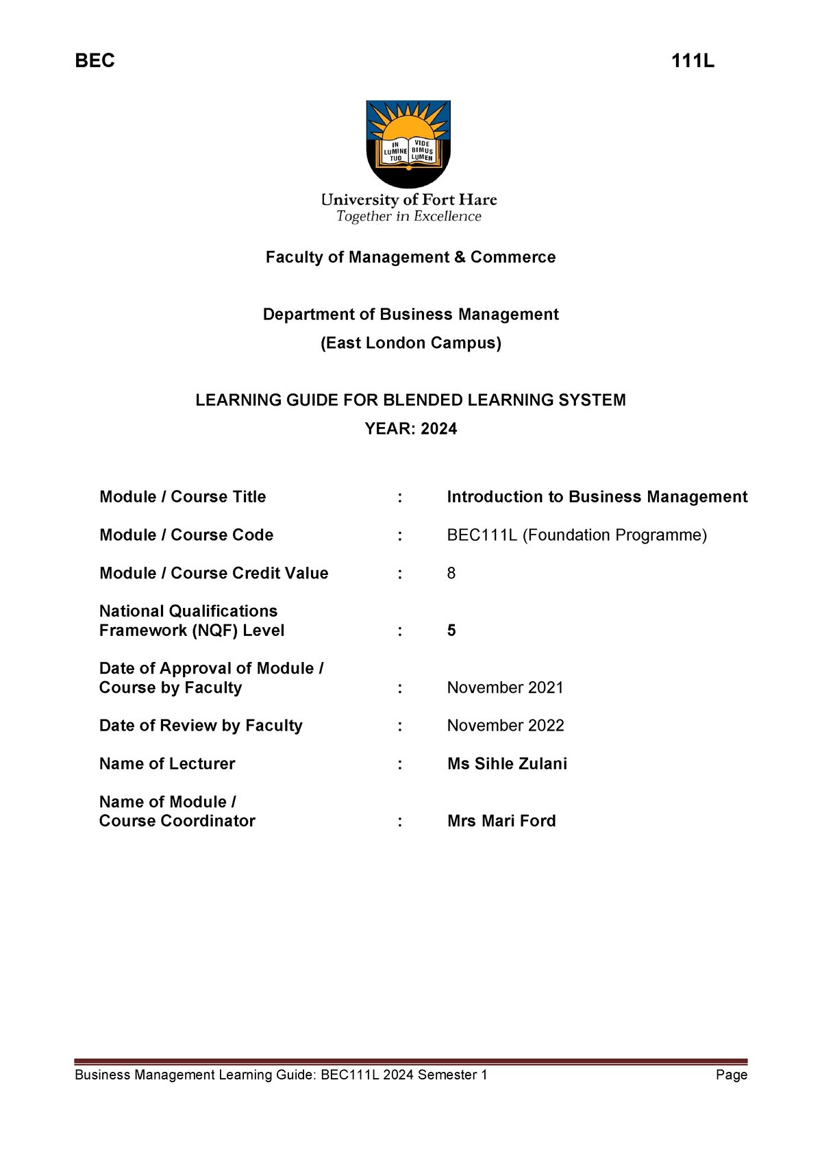 Study Guide BEC111L 2024 - Faculty Of Management & Commerce Department ...