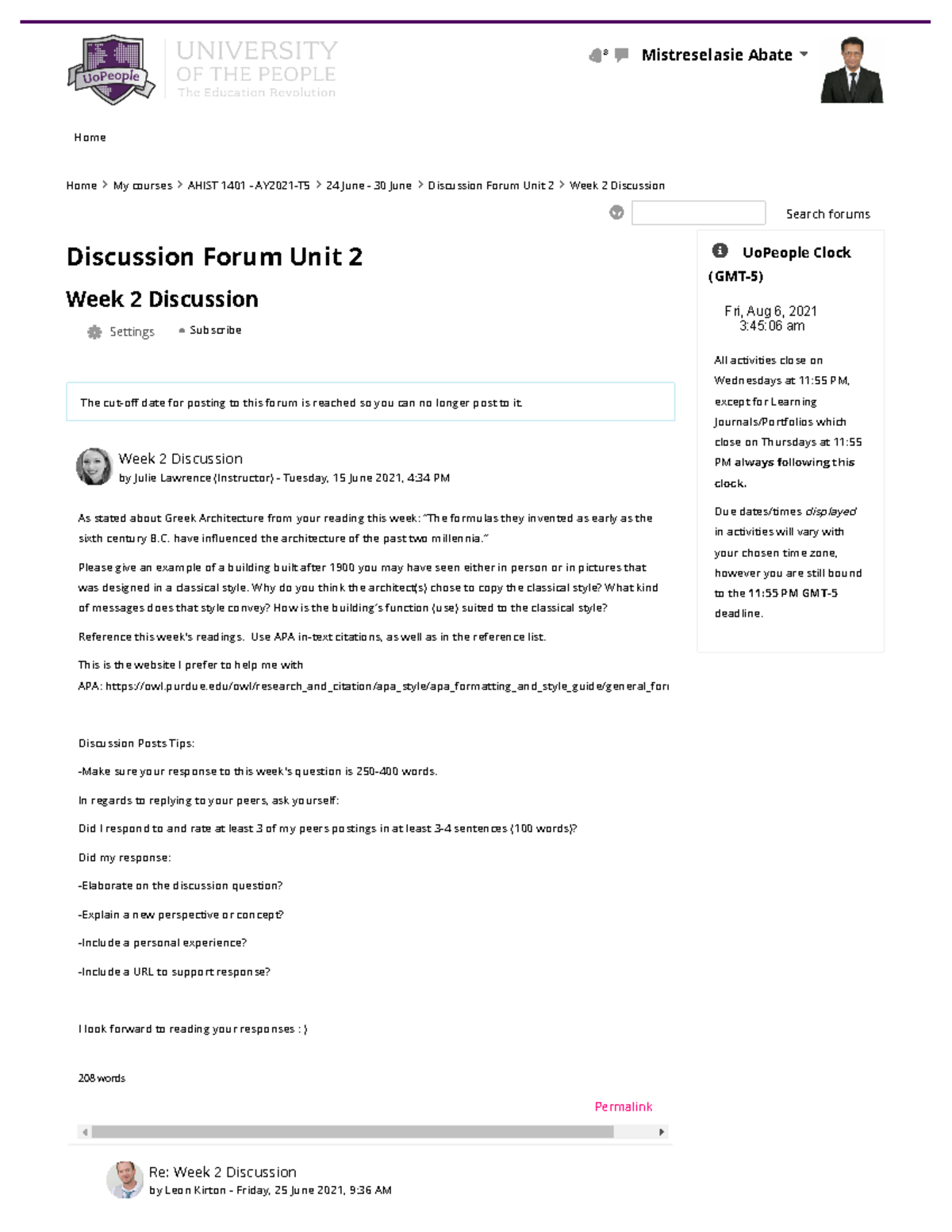 AHIST 1401 - AY2021-T5 Week 2 Discussion - Home Discussion Forum Unit 2 ...