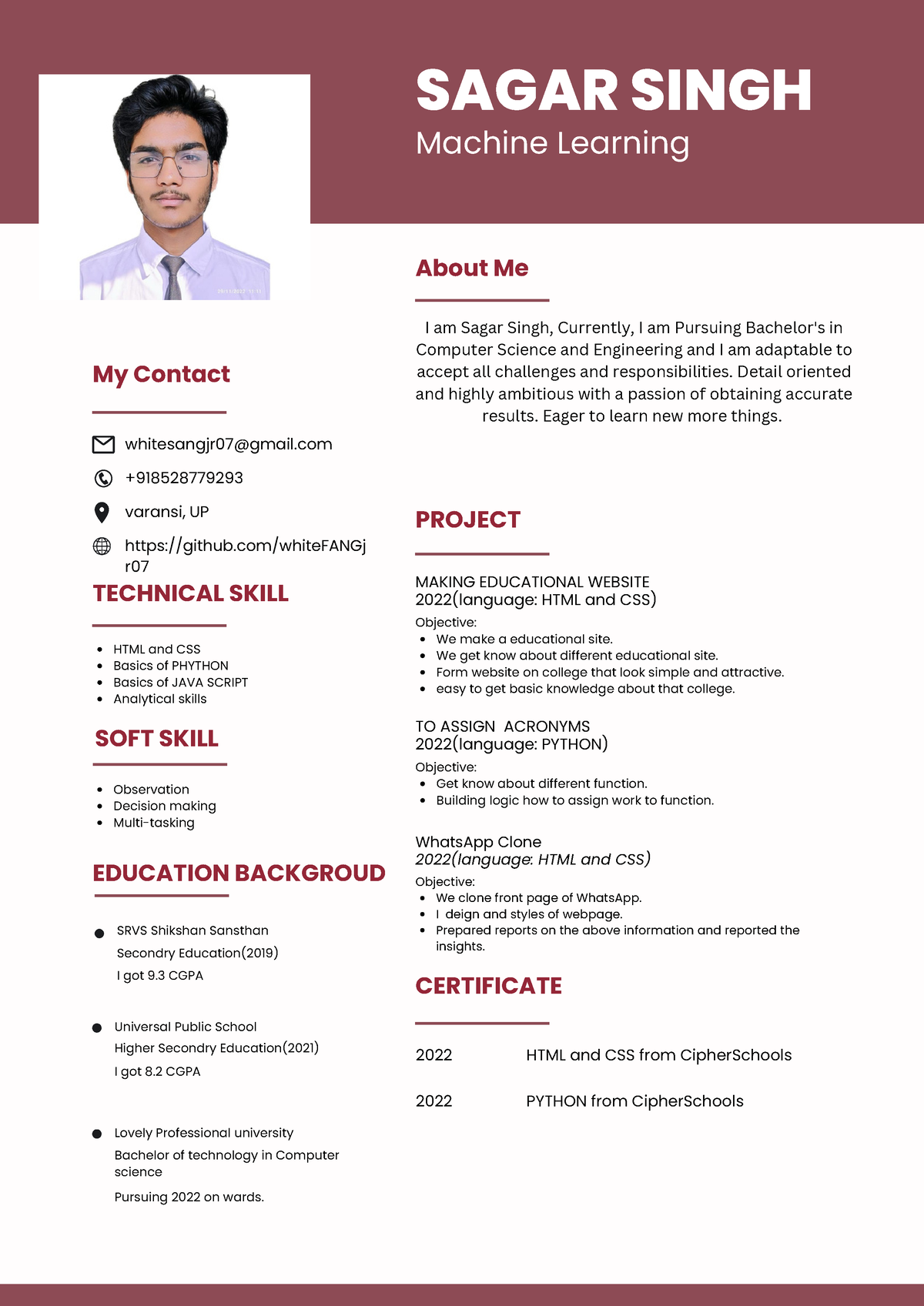 MY CV - A format for CV required in Interview or viva - SAGAR SINGH ...