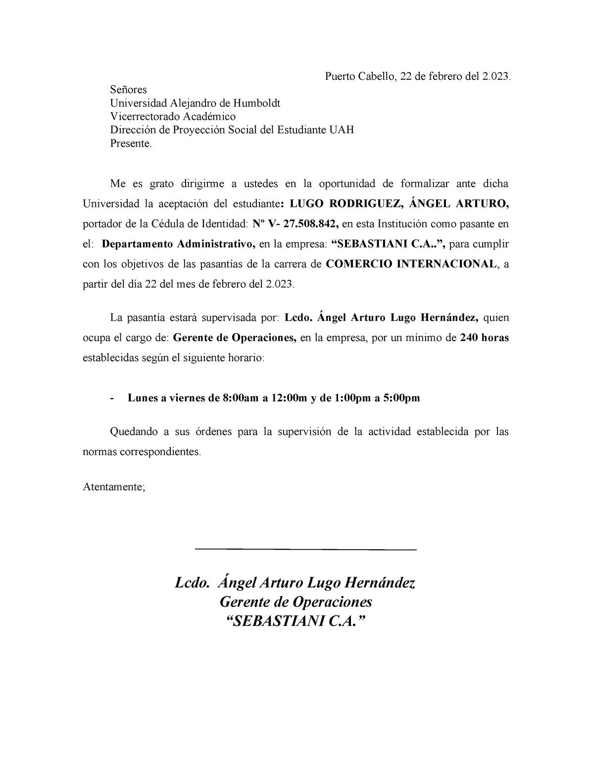 Carta de Aceptación - Pasantías II - Angel Lugo - Puerto Cabello, 22 de ...