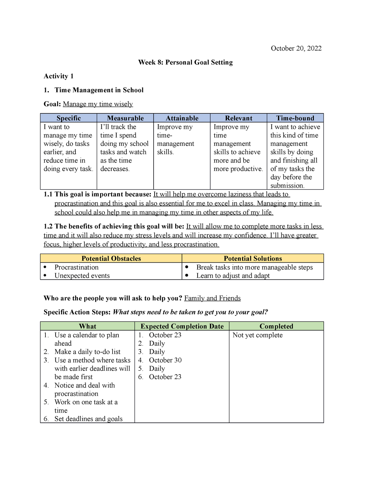 Week 8 Personal Goal Setting Copy October 20 2022 Week 8 Personal