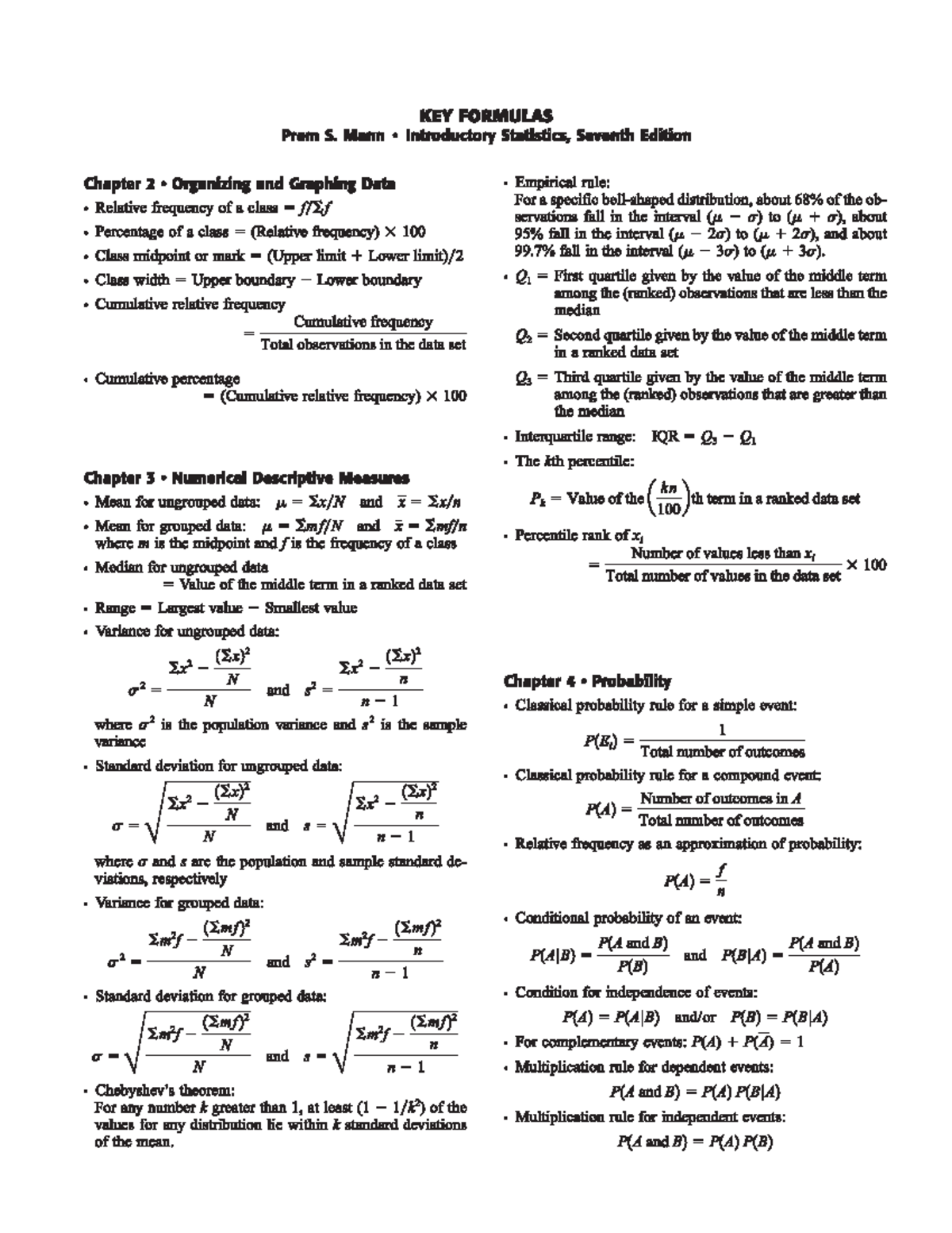 Statistics Formulas for math solving - Business Statistics - Studocu