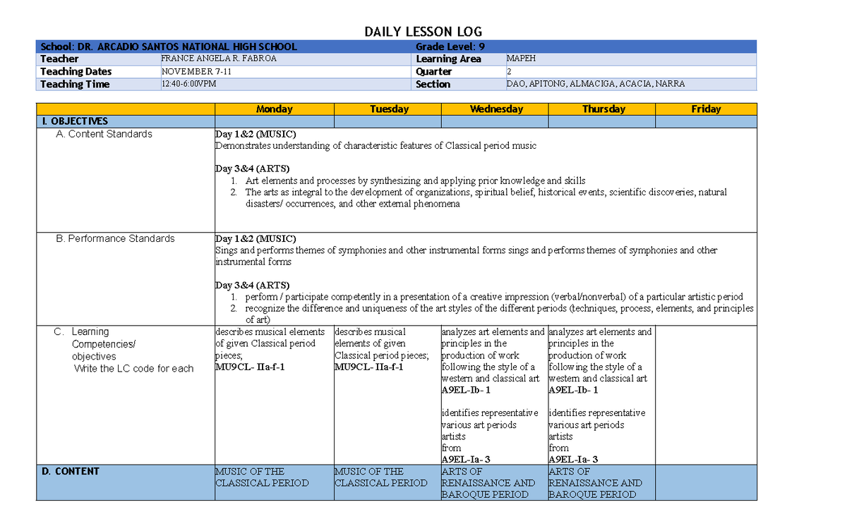 Daily- Lesson-LOG 2 - DAILY LESSON LOG School: DR. ARCADIO SANTOS ...