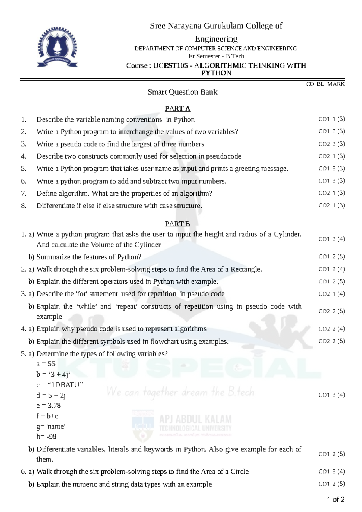 Question Paper - python grp A - Sree Narayana Gurukulam College of ...