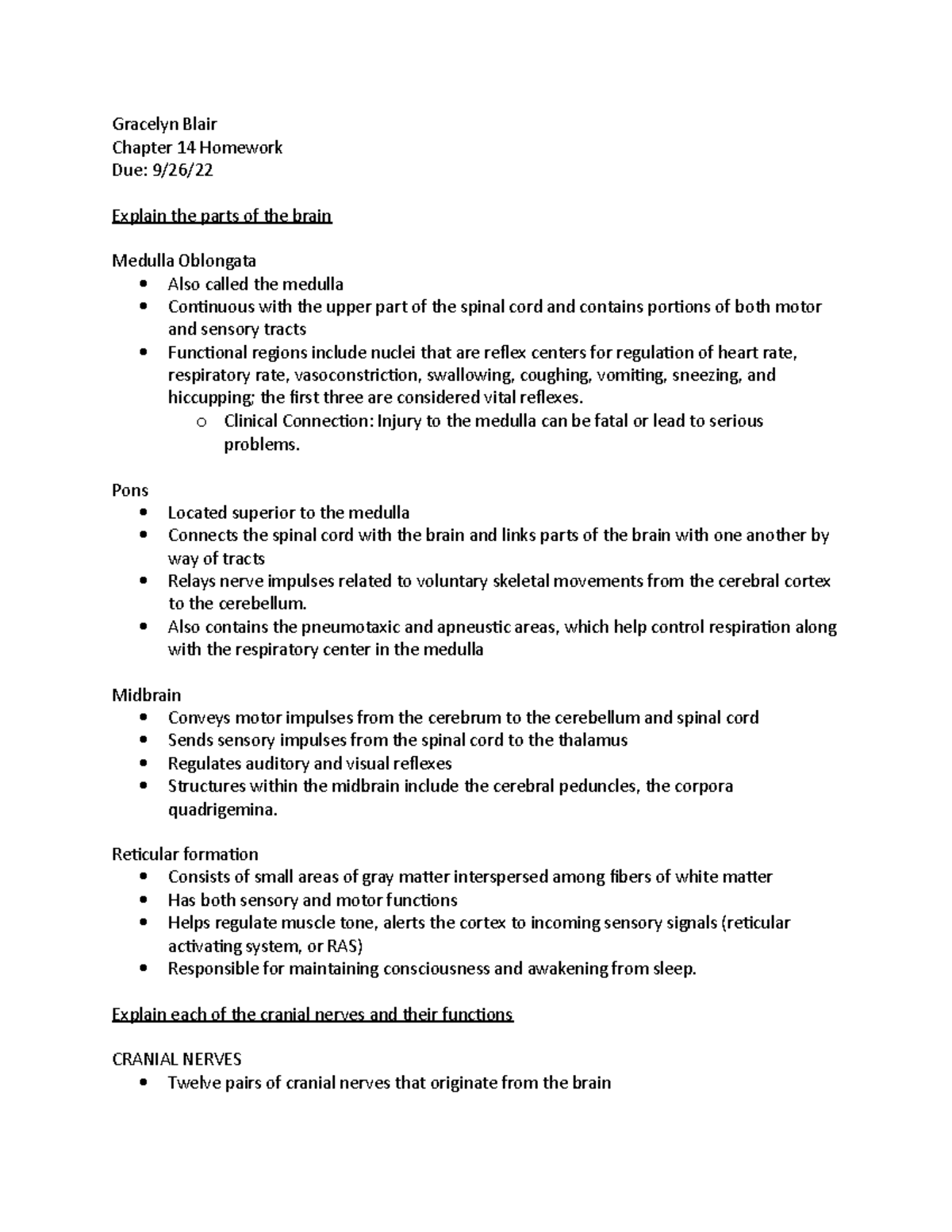 Chapter 14 Homework - Anatomy and physiology 1 - Gracelyn Blair Chapter ...