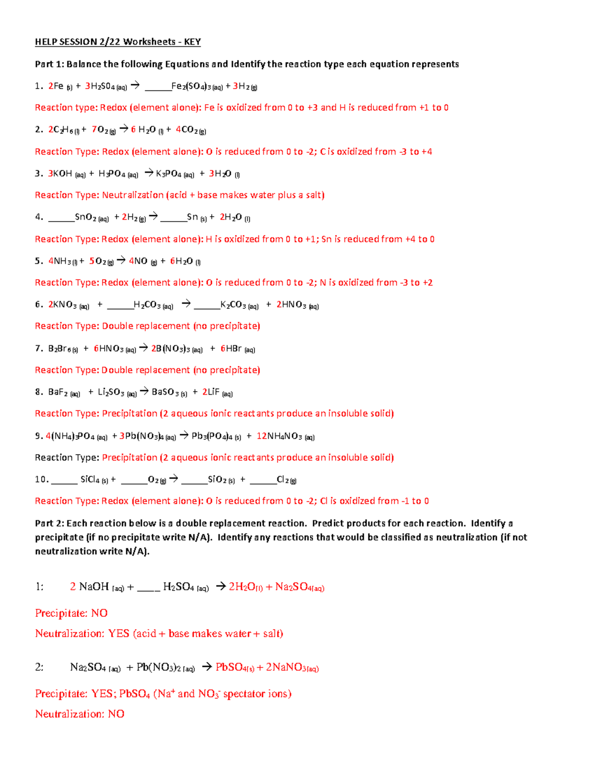 Key Bal Etnrxn Typemolesstoichiometry Help Session 222 Worksheets Key Part 1 Balance 8392