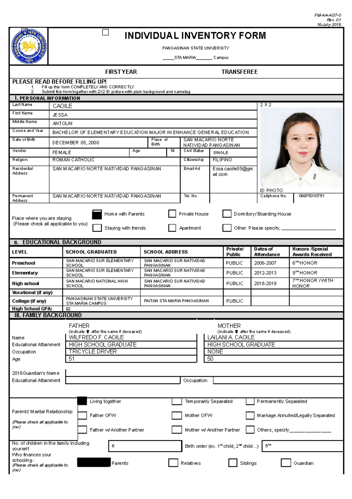 Jessa Caoile Individual Inventory FORM FMAAAGT Rev. 01 16July