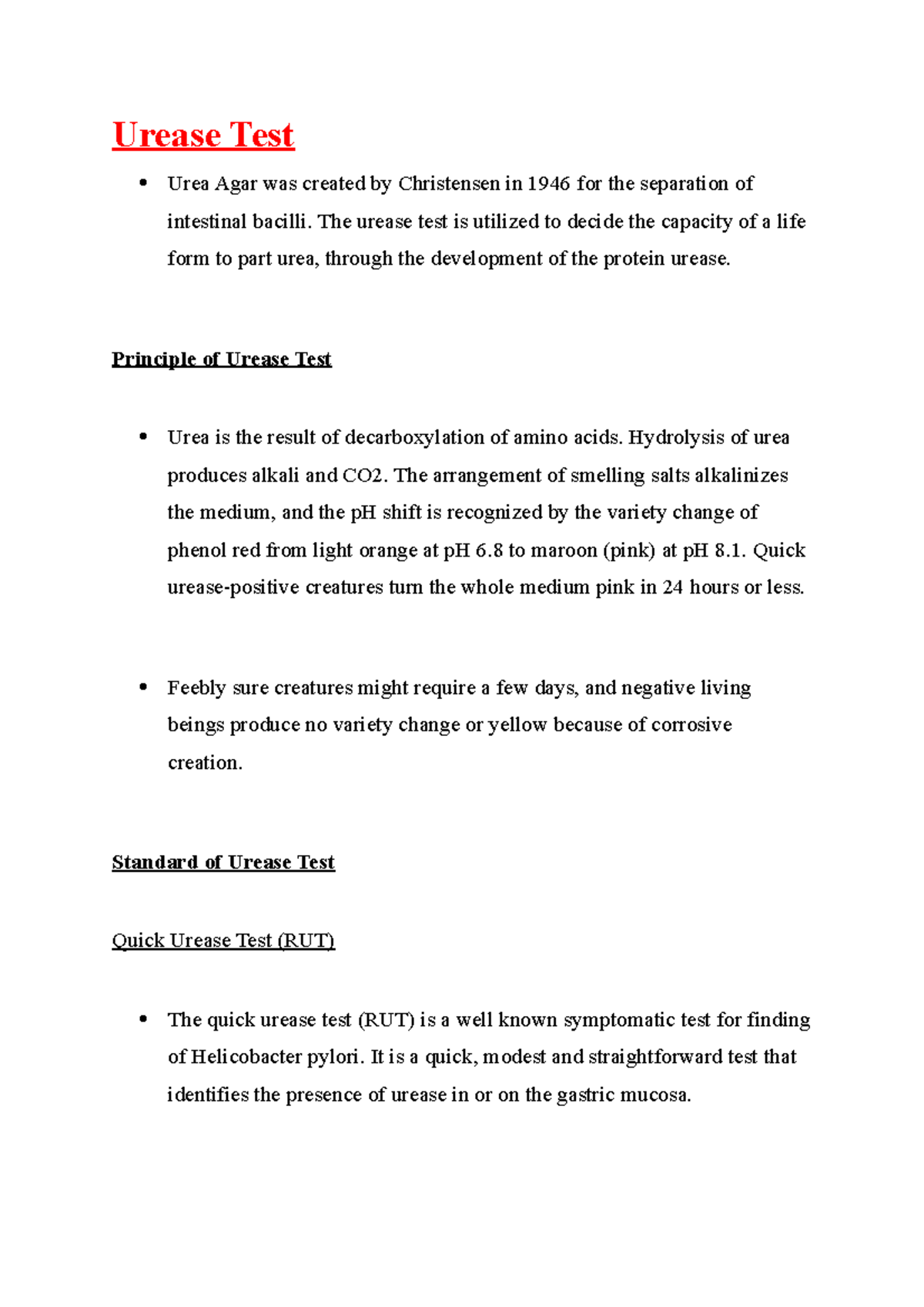 Urease test It is useful lecture notes Urease Test Urea Agar was created by Christensen in